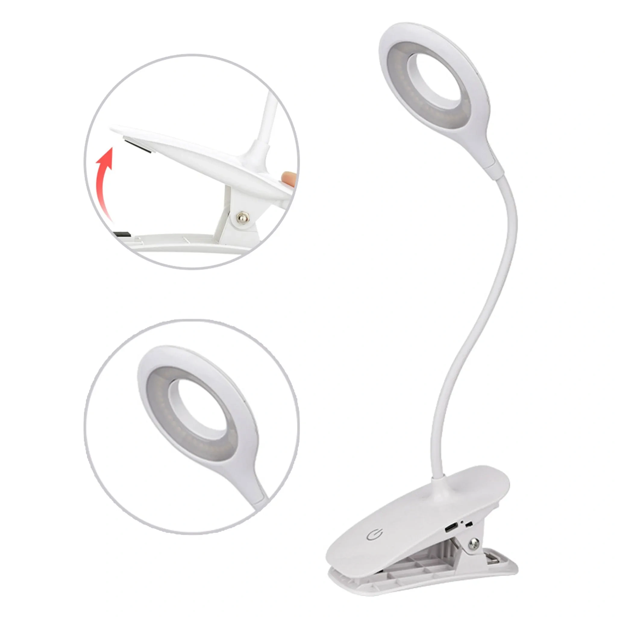 Eine weiße Klemmleuchte mit flexiblem Hals und Ringlicht. Details zeigen Klemme und Winkelfunktion.