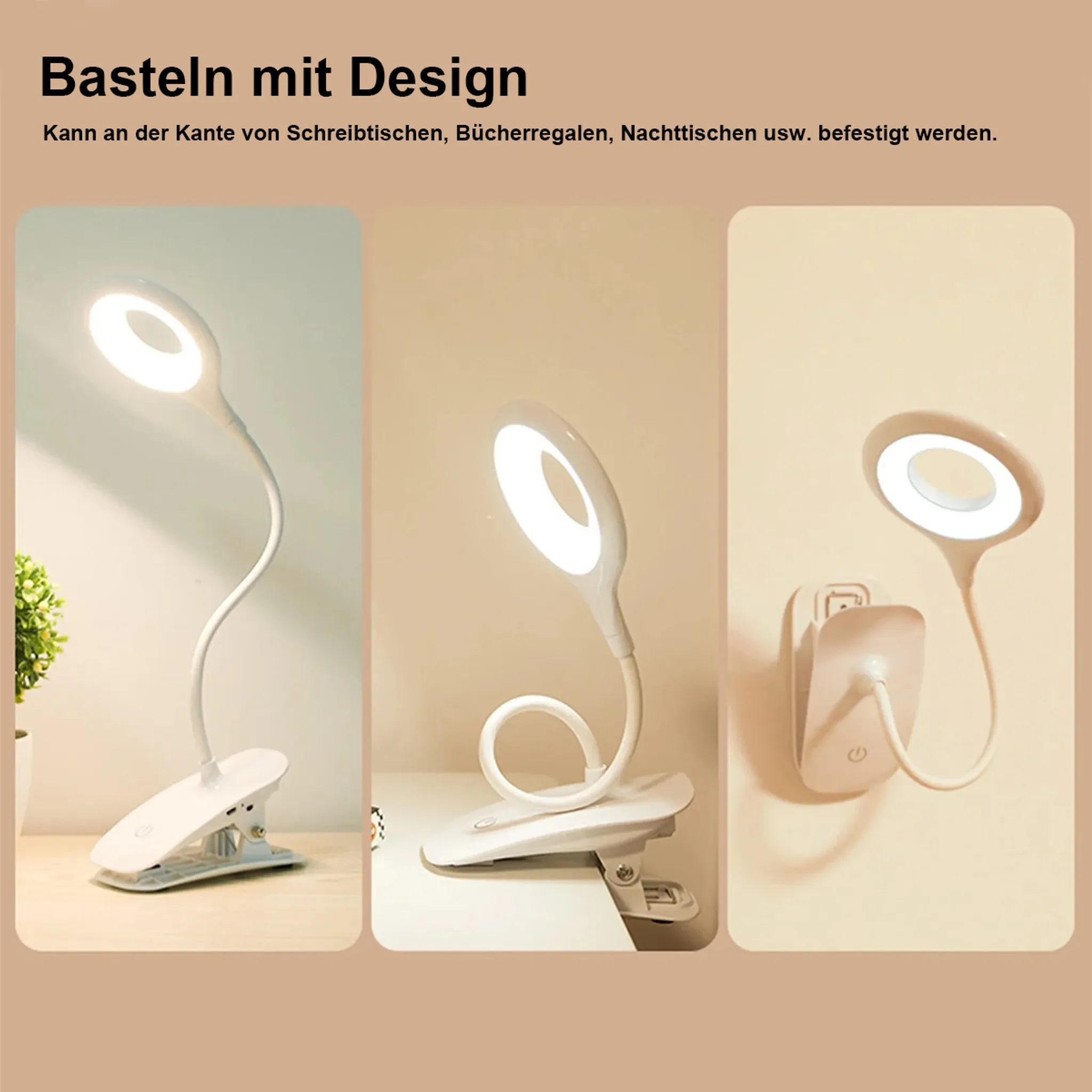 Drei weiße Klemmlampen mit kreisförmigen LED-Leuchten und flexiblen Armen.