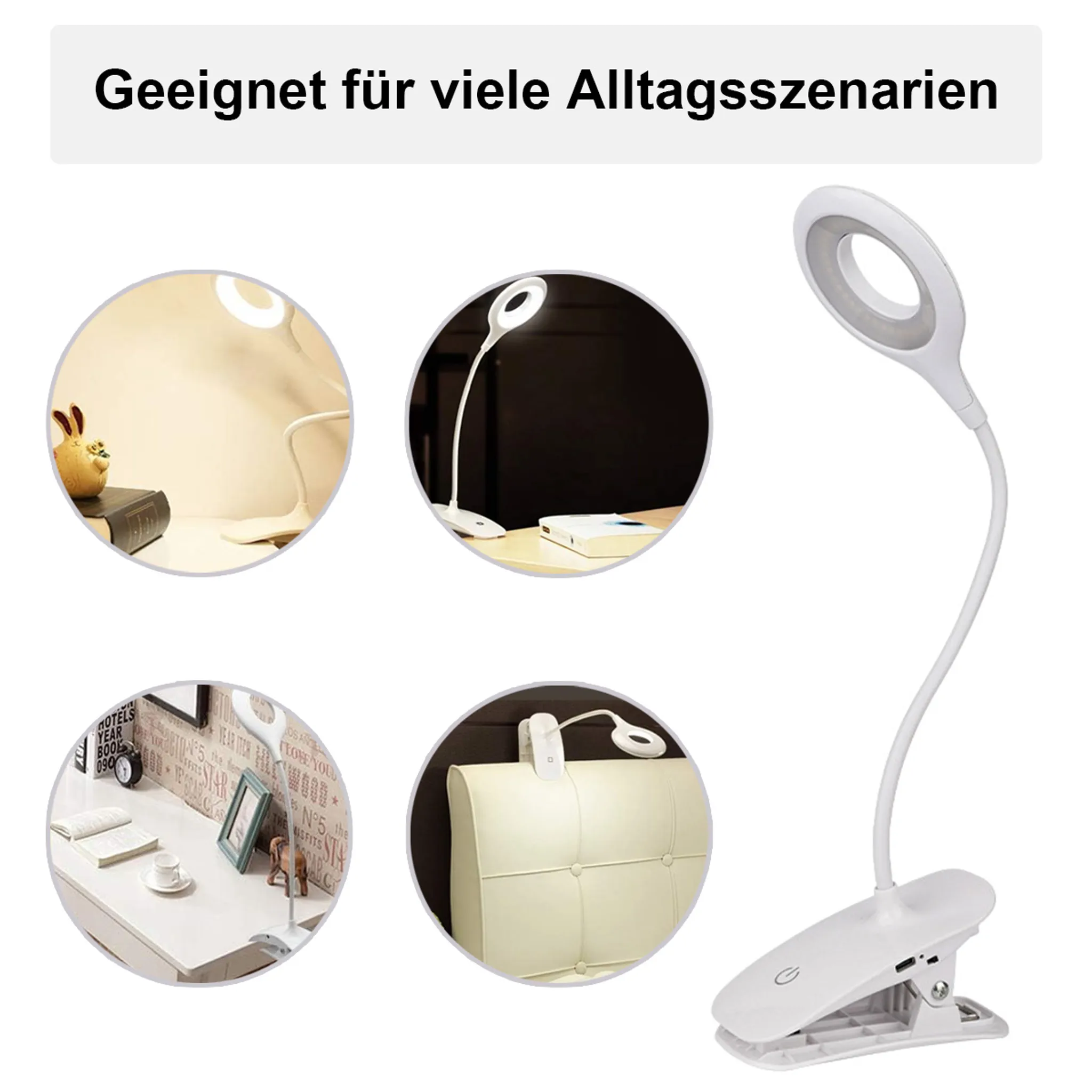 Eine weiße Klemm-Schreibtischlampe mit flexiblem Arm und rundem LED-Kopf.