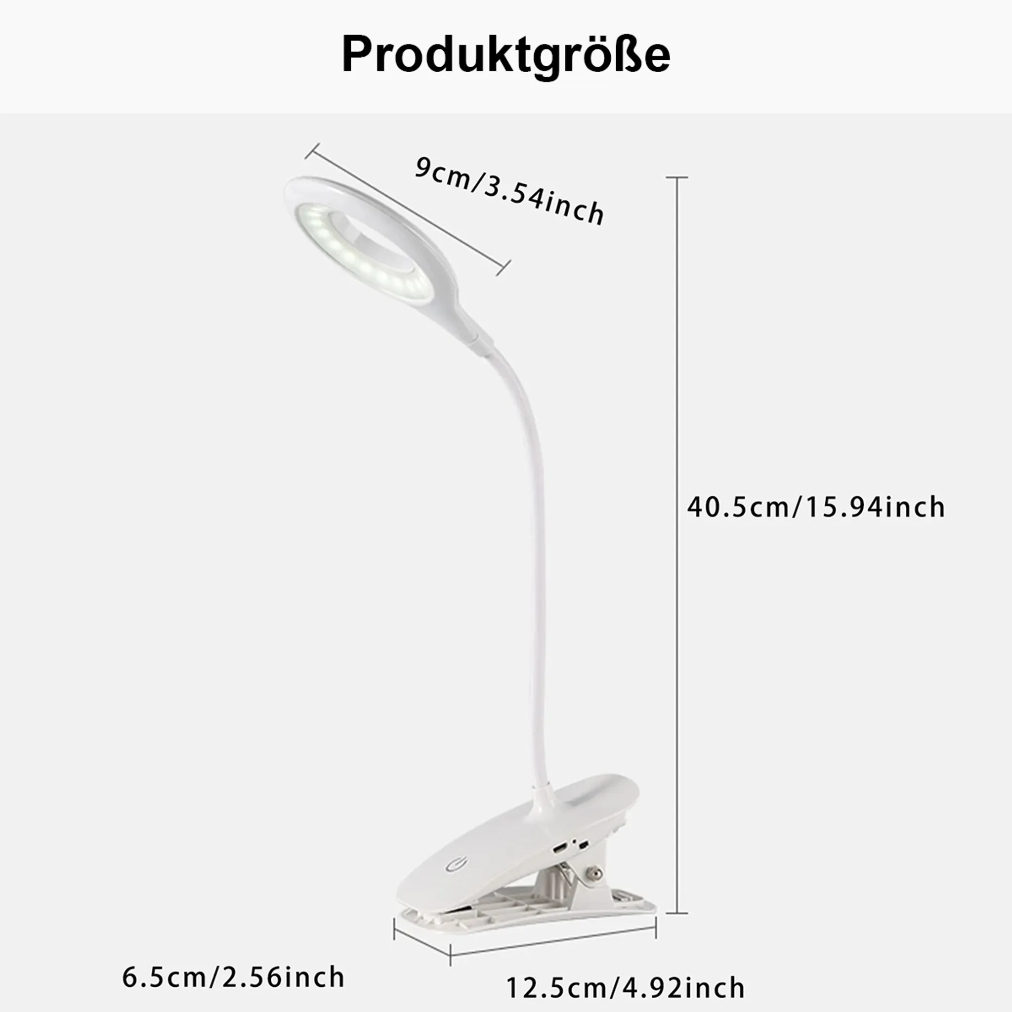 Weiße Klemmlampe mit LED-Ringlicht und Maßangaben.