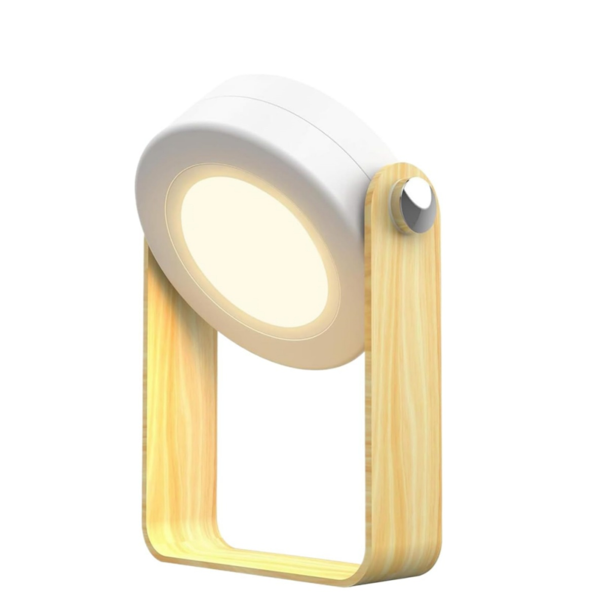 Eine weiße Lampe mit Holzrahmen und warmem Licht leuchtet.