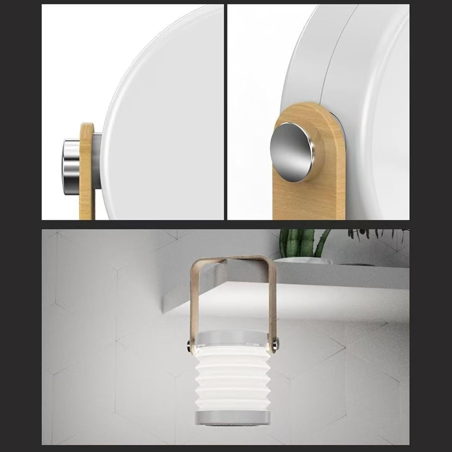Eine weiße Lampe mit Holzgriff hängt an einer Wand mit geometrischem Muster.