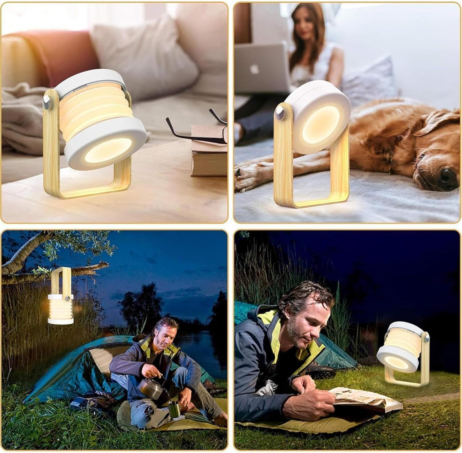 Ein tragbares Licht auf einem Tisch, einer Frau mit Laptop und Hund, beim Camping und beim Lesen.