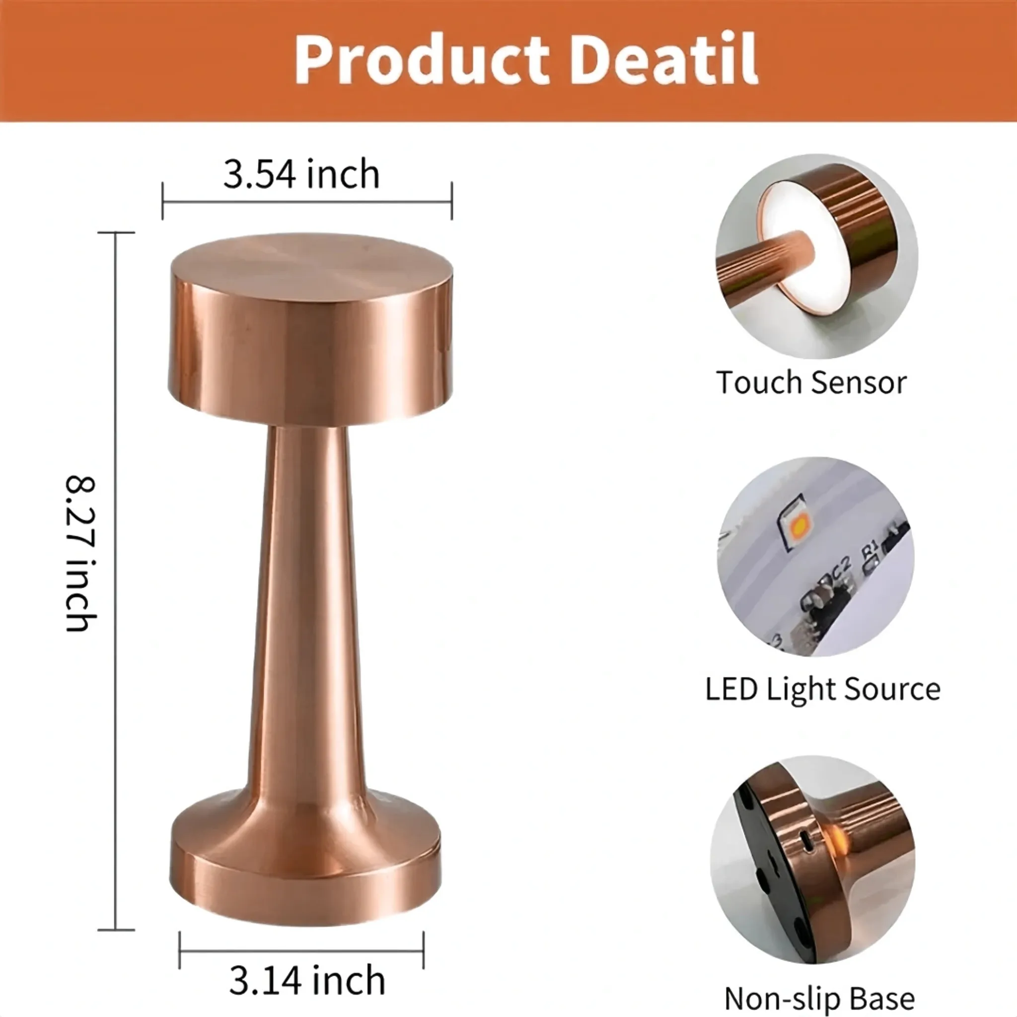 Eine kupferfarbene Lampe mit Touch-Sensor, LED-Lichtquelle und rutschfester Basis.