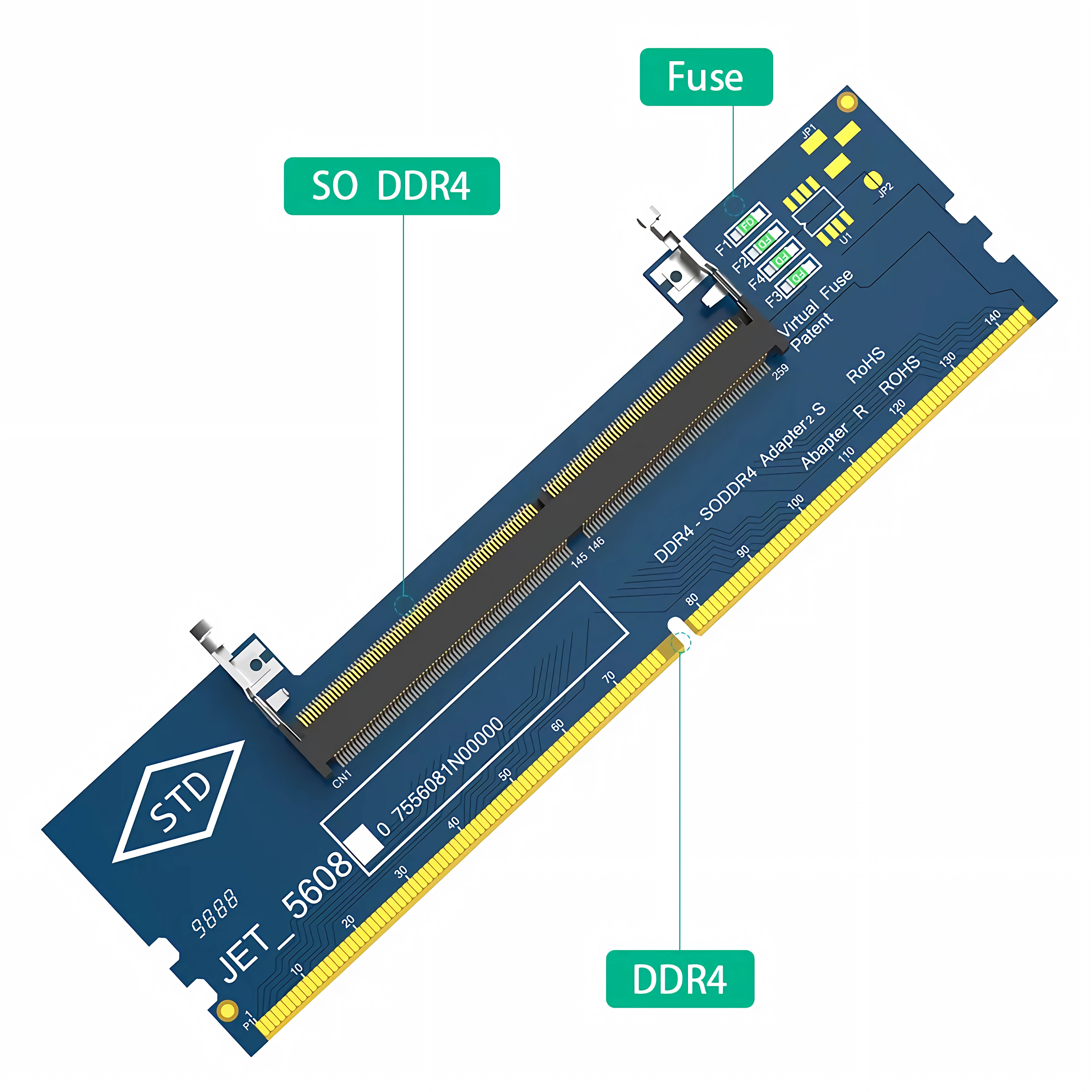 Eine blaue Platine mit goldenen Kontakten und Beschriftungen wie DDR4.