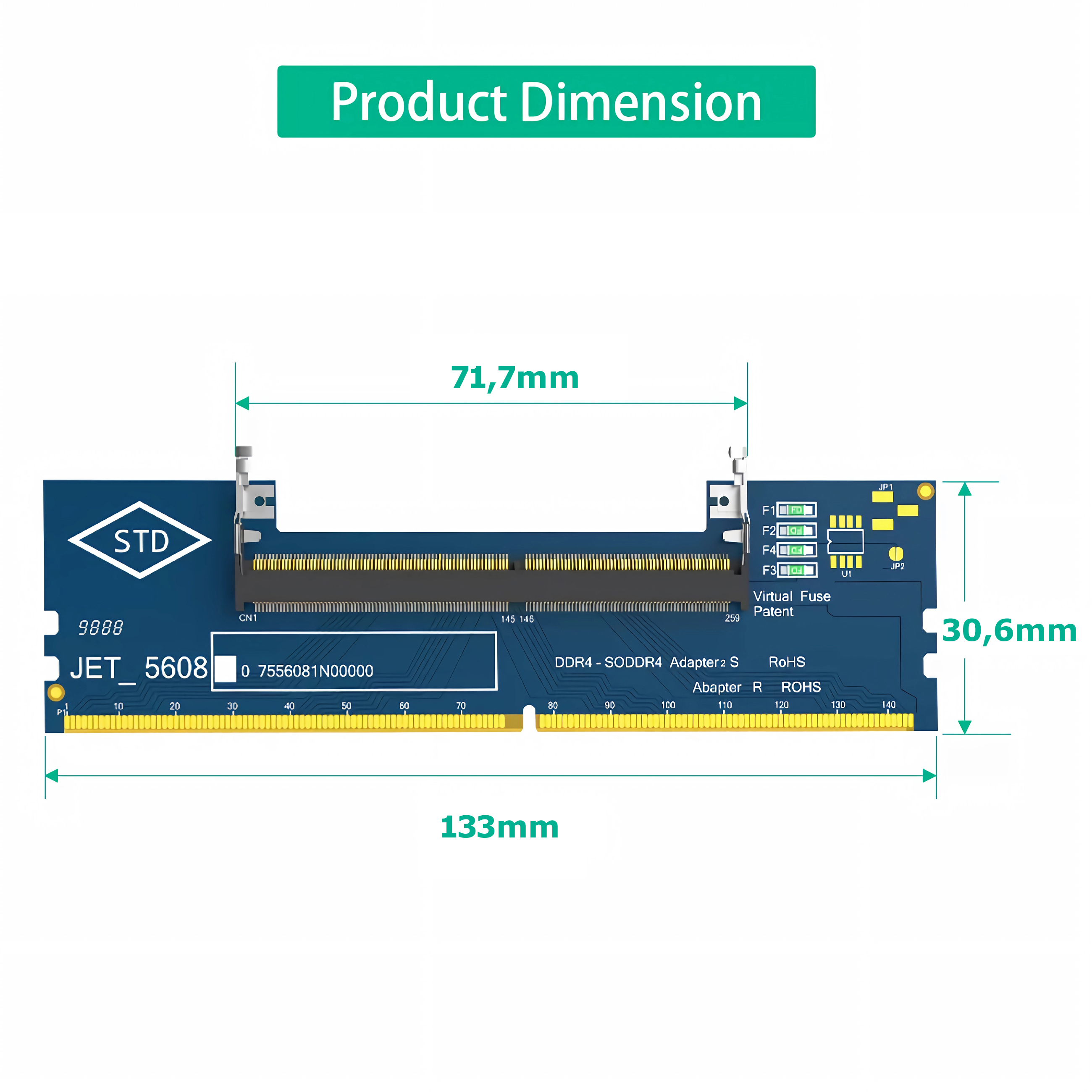 Blauer SODIMM-Adapter mit Längen- und Höhenangaben.