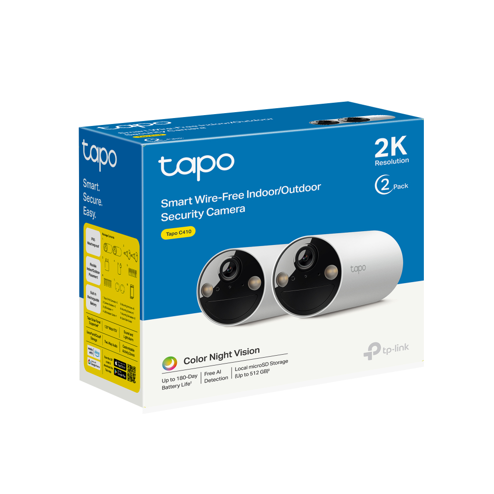 Verpackung mit zwei Tapo C410 Kameras, 2K Auflösung, Farbnachtsicht.