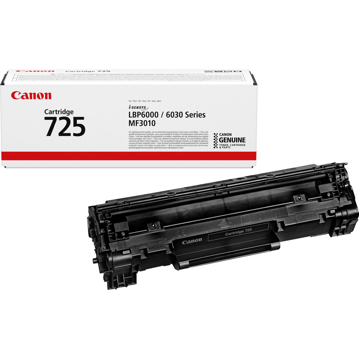 Toner Canon 725 i opakowanie. Czarny, prostokątny, z tekstem i logotypami.