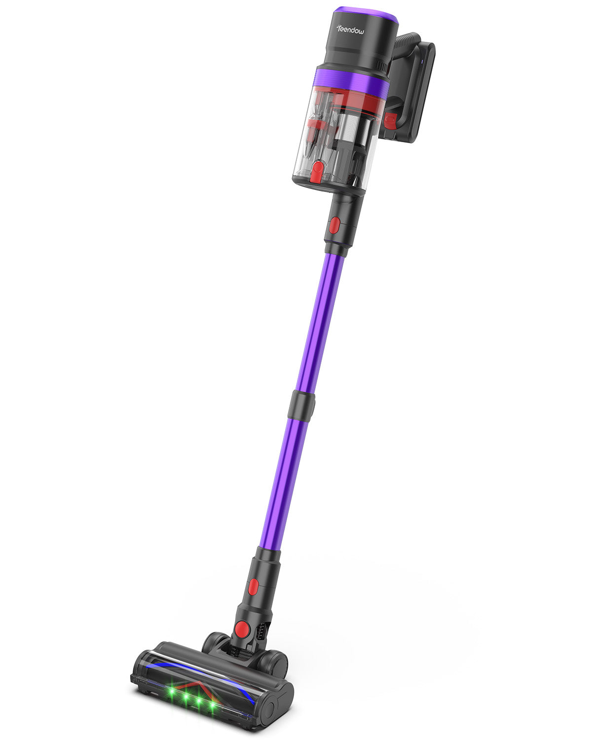 Un aspirapolvere senza fili viola con contenitore trasparente su sfondo bianco.