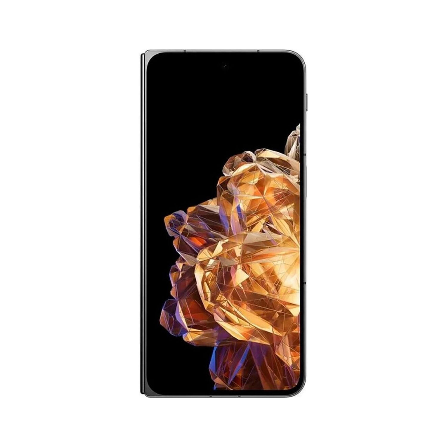 Ein Smartphone mit einem abstrakten, facettenreichen orange-violetten Hintergrund.
