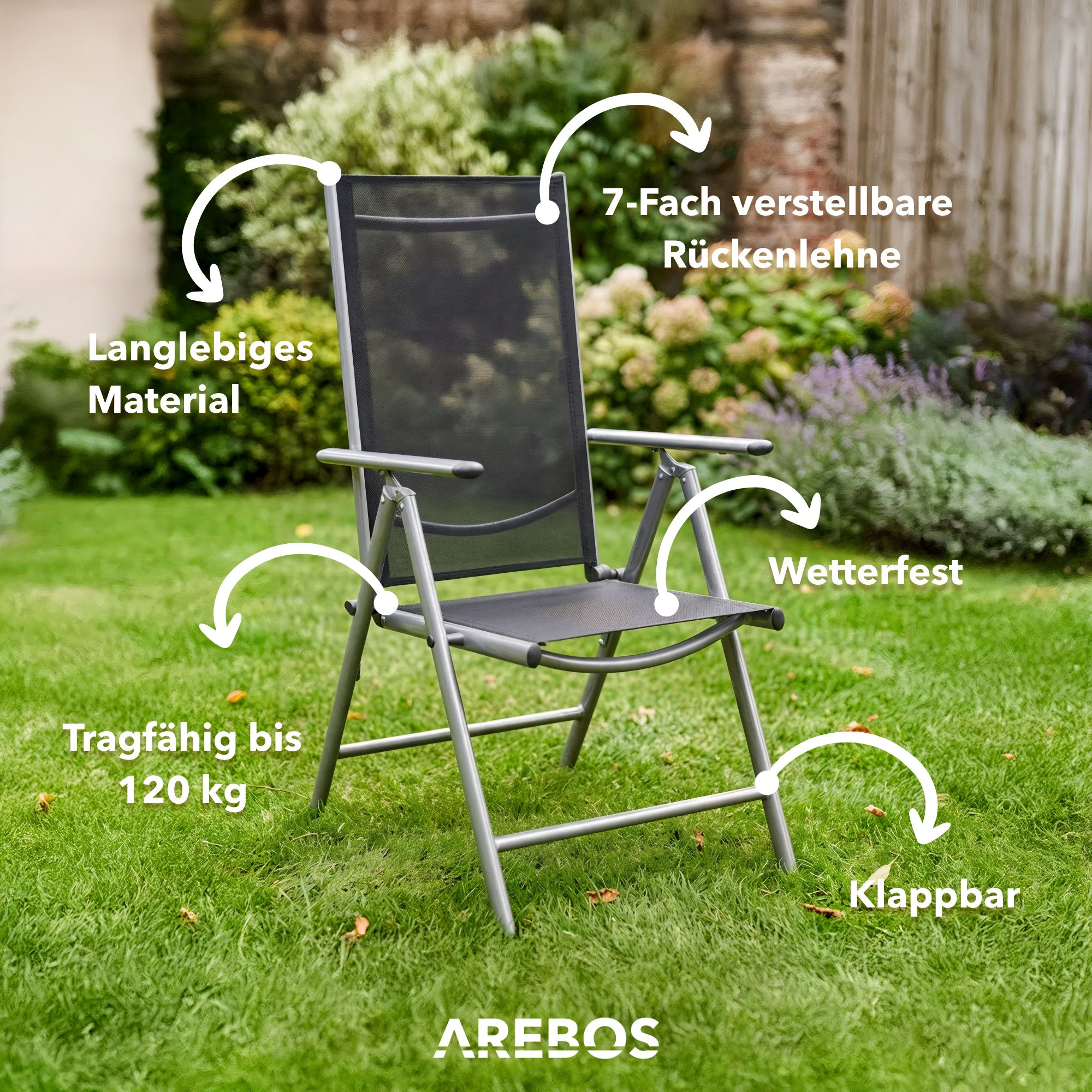 Grauer Gartenstuhl aus Stoff mit verstellbarer Rückenlehne.