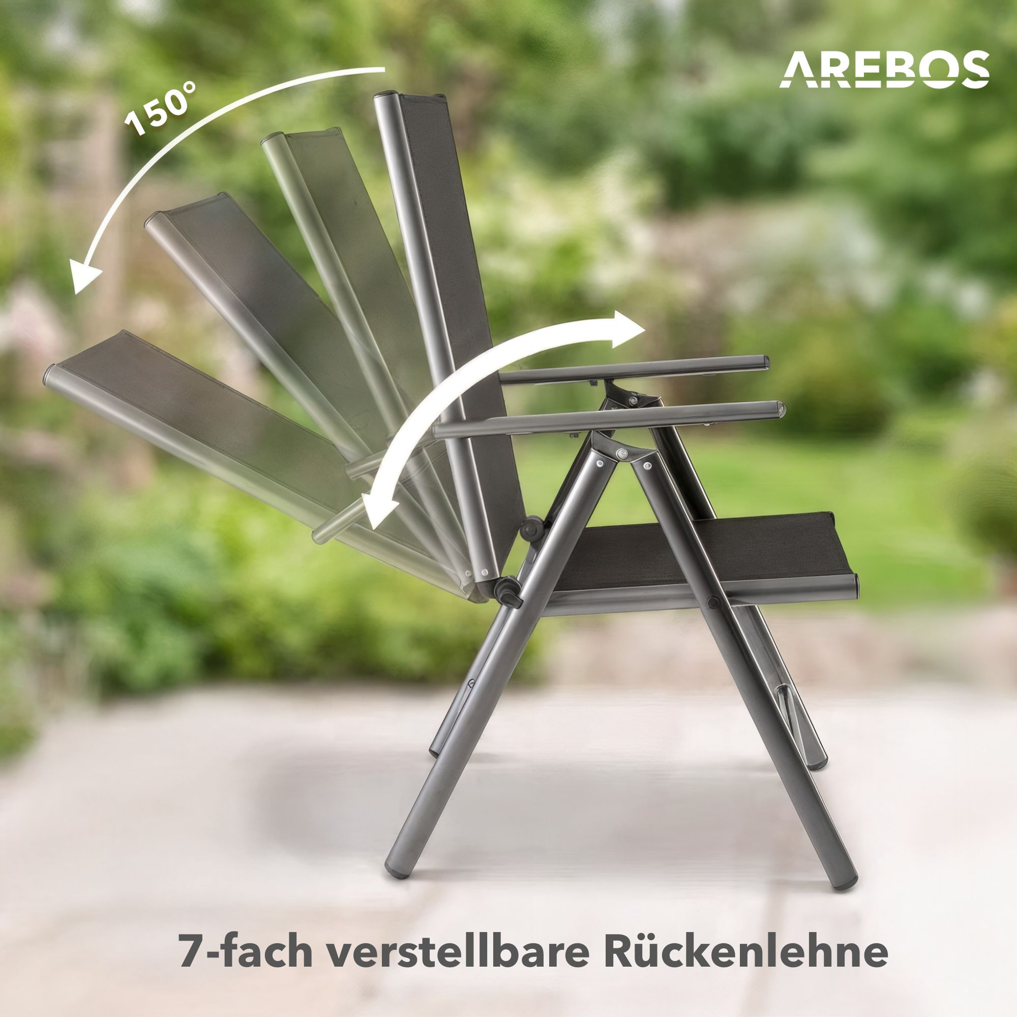 Grauer Gartenstuhl mit verstellbarer Rückenlehne, zeigt 150° Neigung.