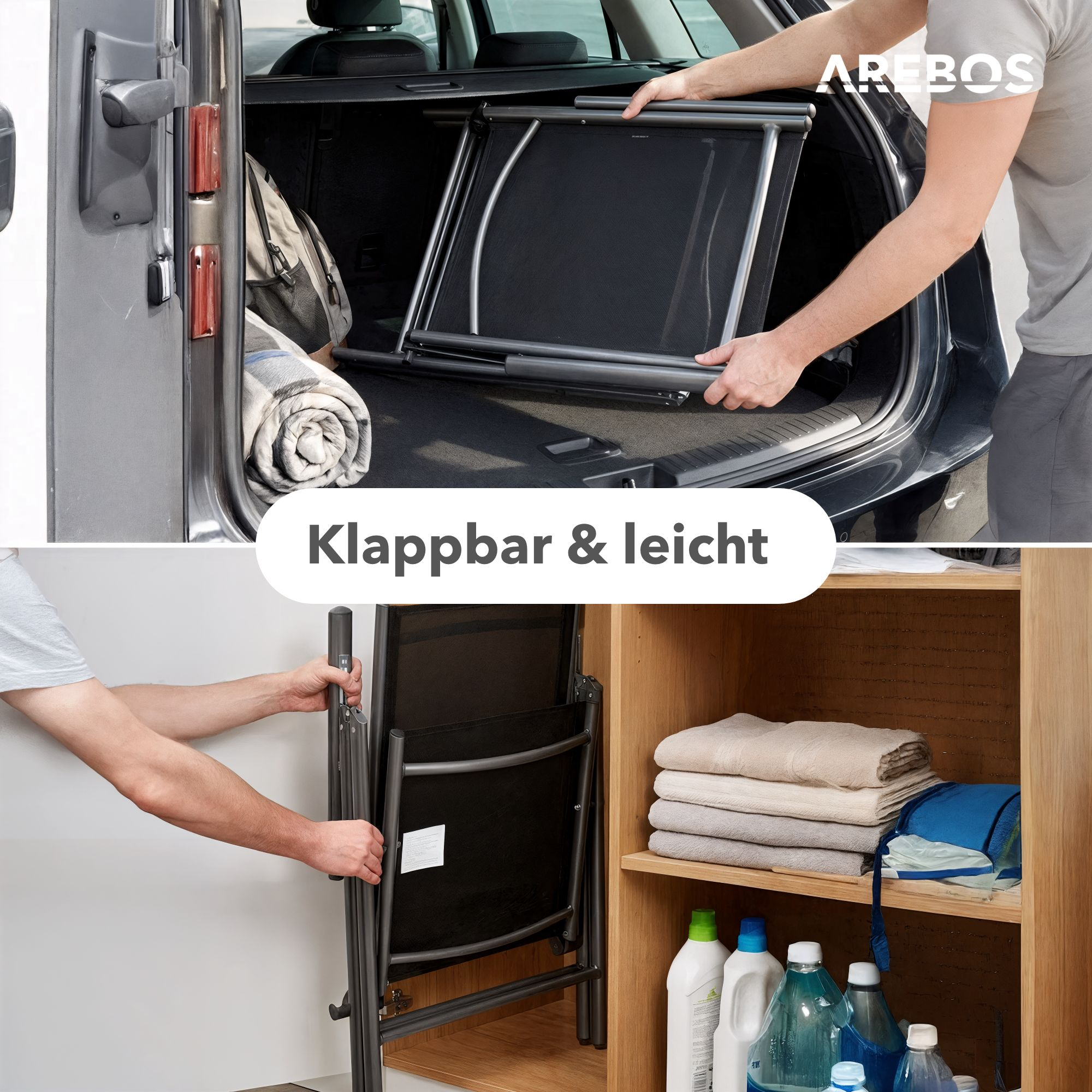 Ein Mann lädt einen klappbaren Stuhl aus dem Kofferraum eines Autos und stellt ihn in ein Regal.