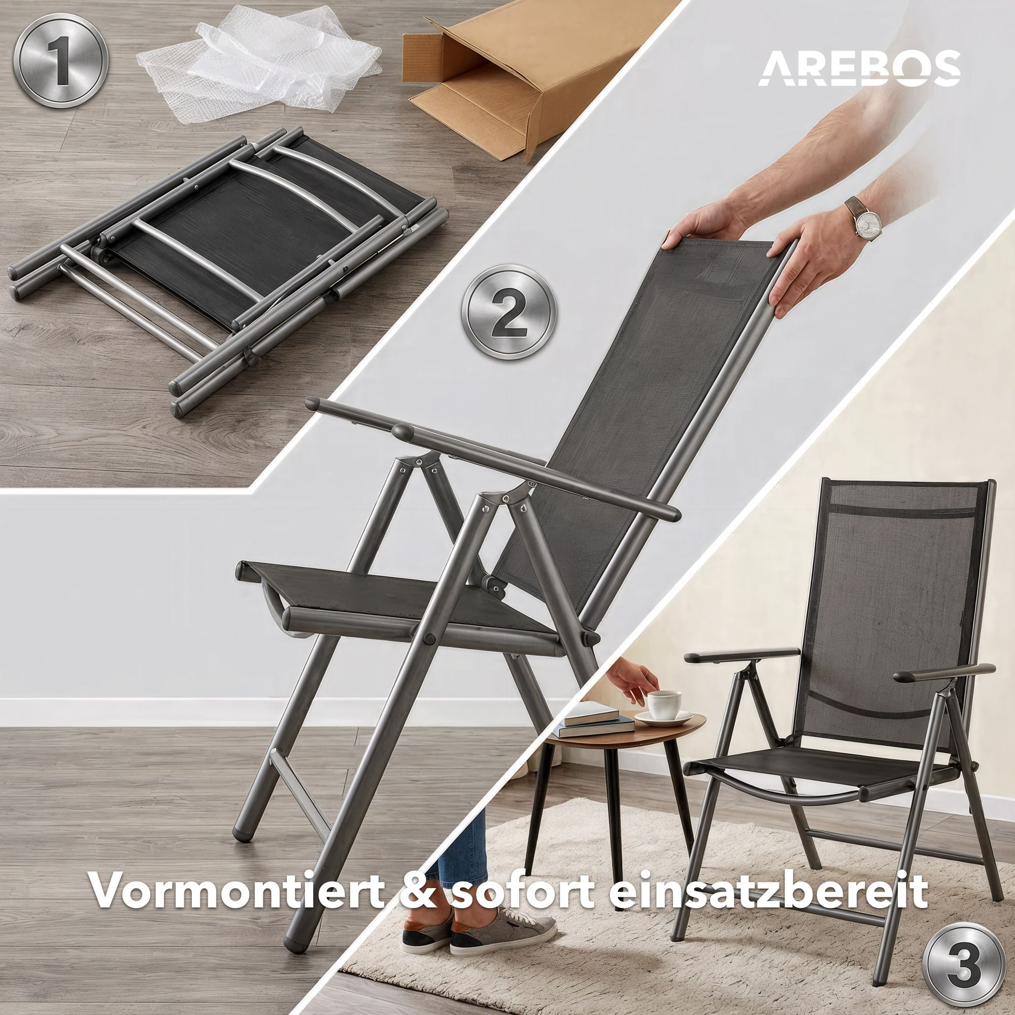 Grauer Klappstuhl wird gezeigt, zusammengebaut und in Einzelteilen.