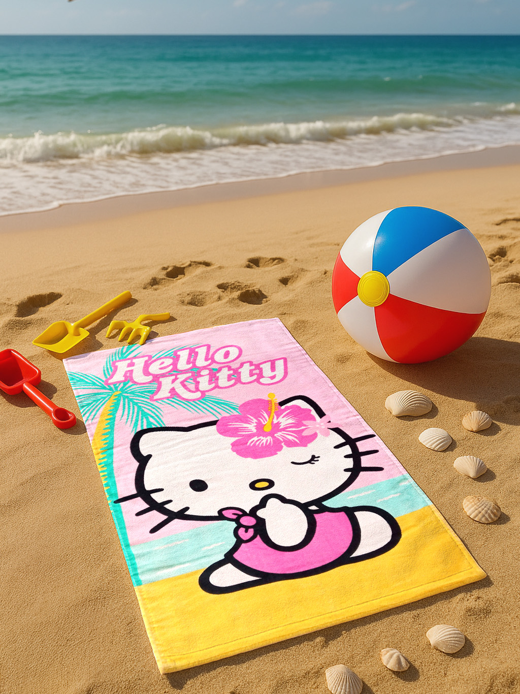 Hello Kitty Handtuch am Strand mit Spielzeug und Ball neben dem Meer.