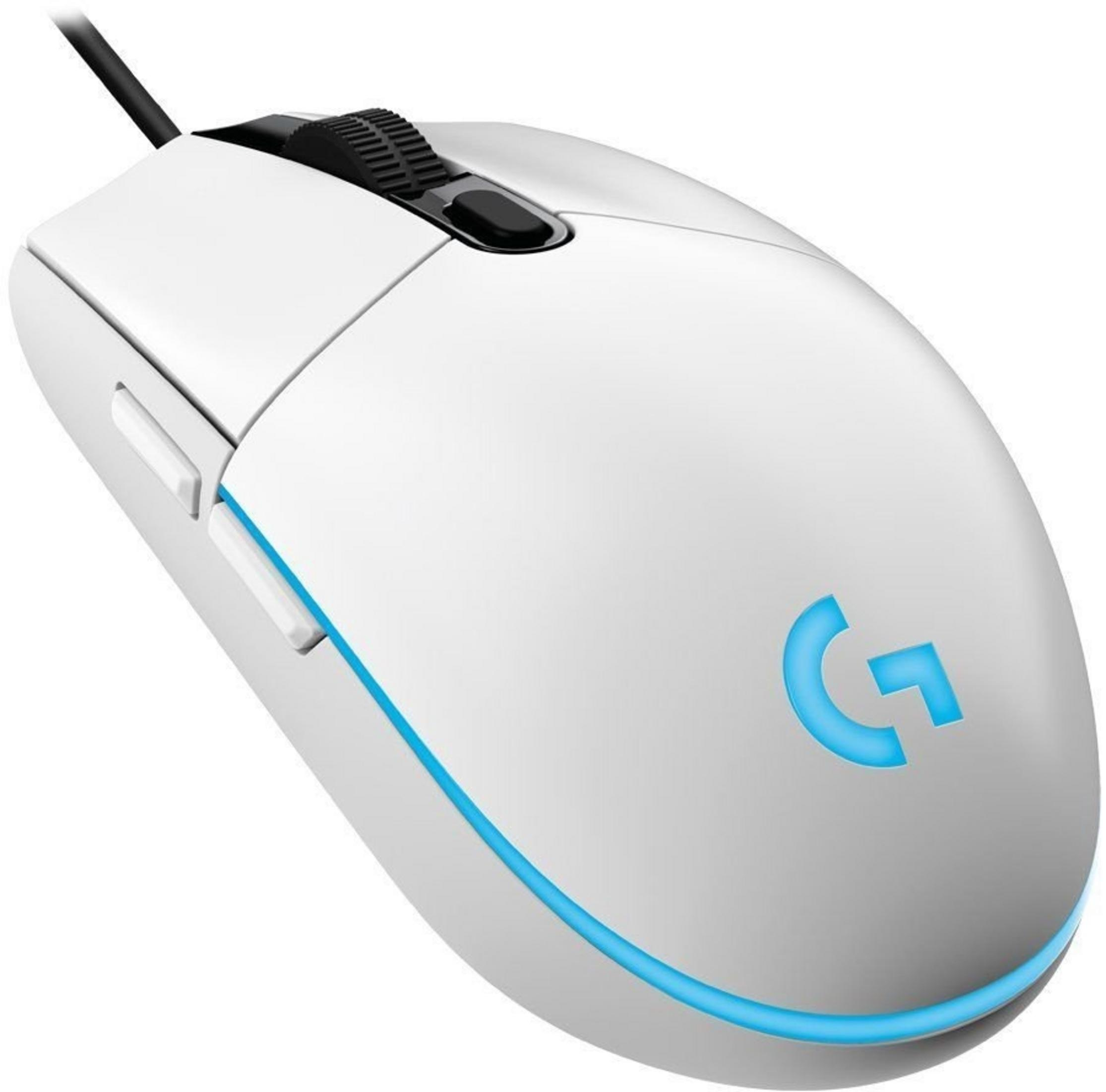 White gaming mouse with blue light and Logitech logo.