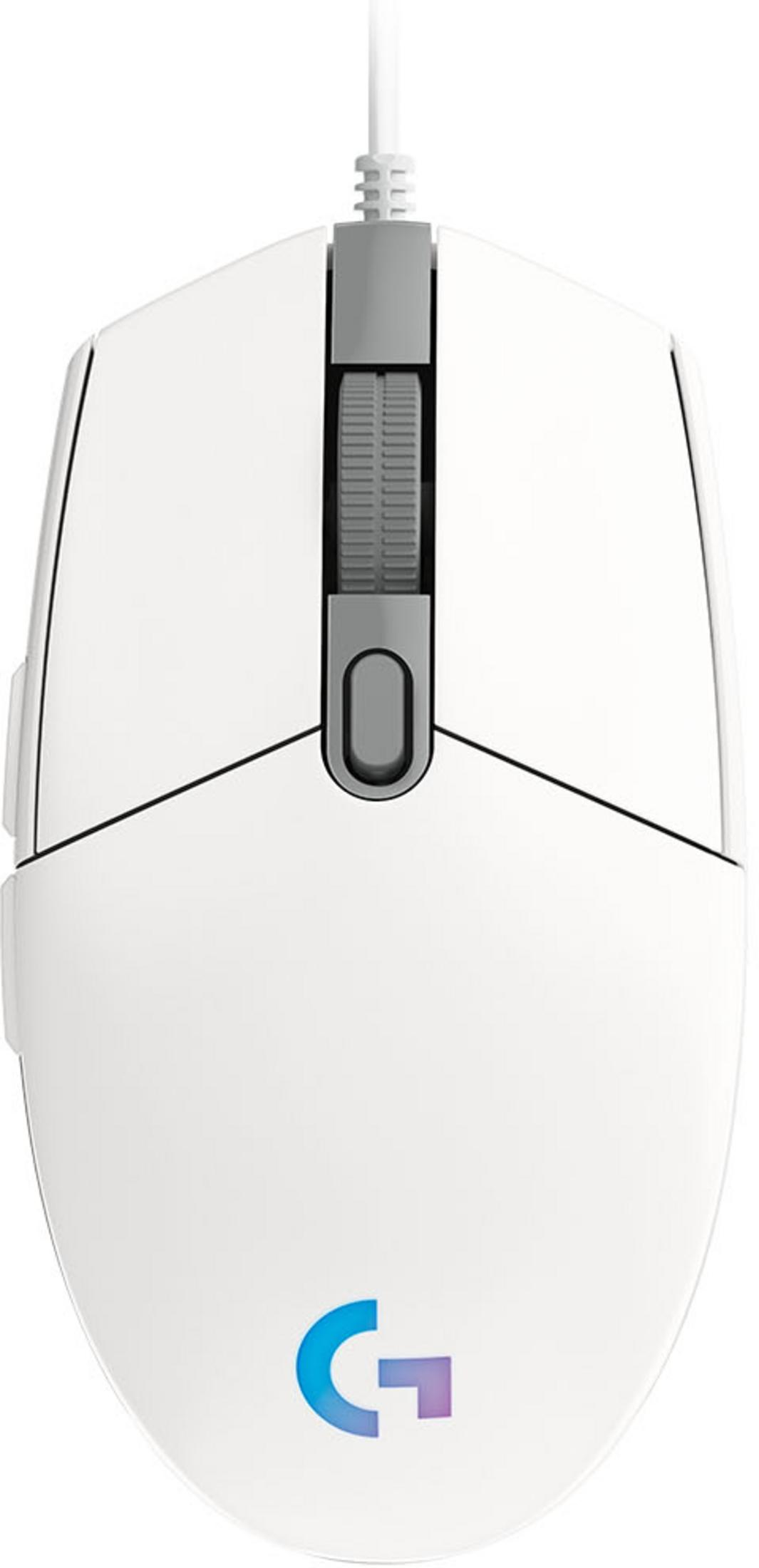 A white gaming mouse with a gray scroll wheel and G logo.