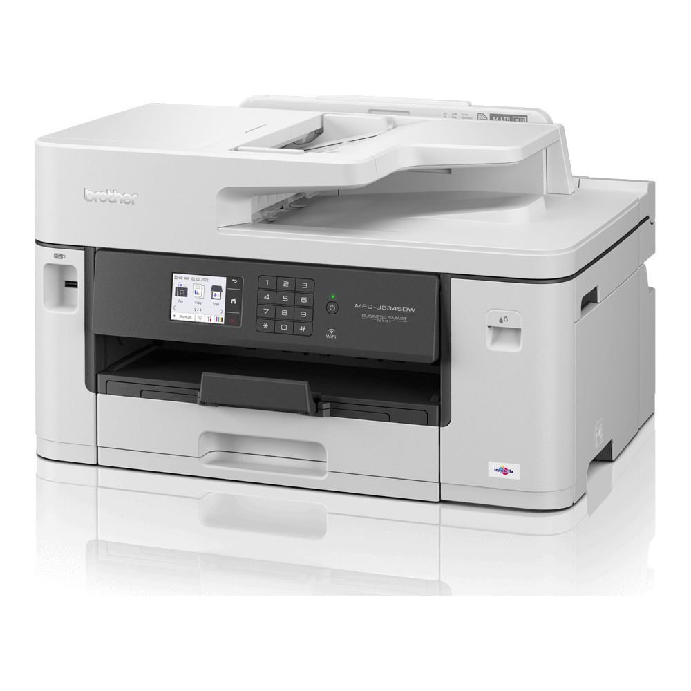 Biała drukarka wielofunkcyjna Brother MFC-J6345DW z ekranem dotykowym i klawiaturą.