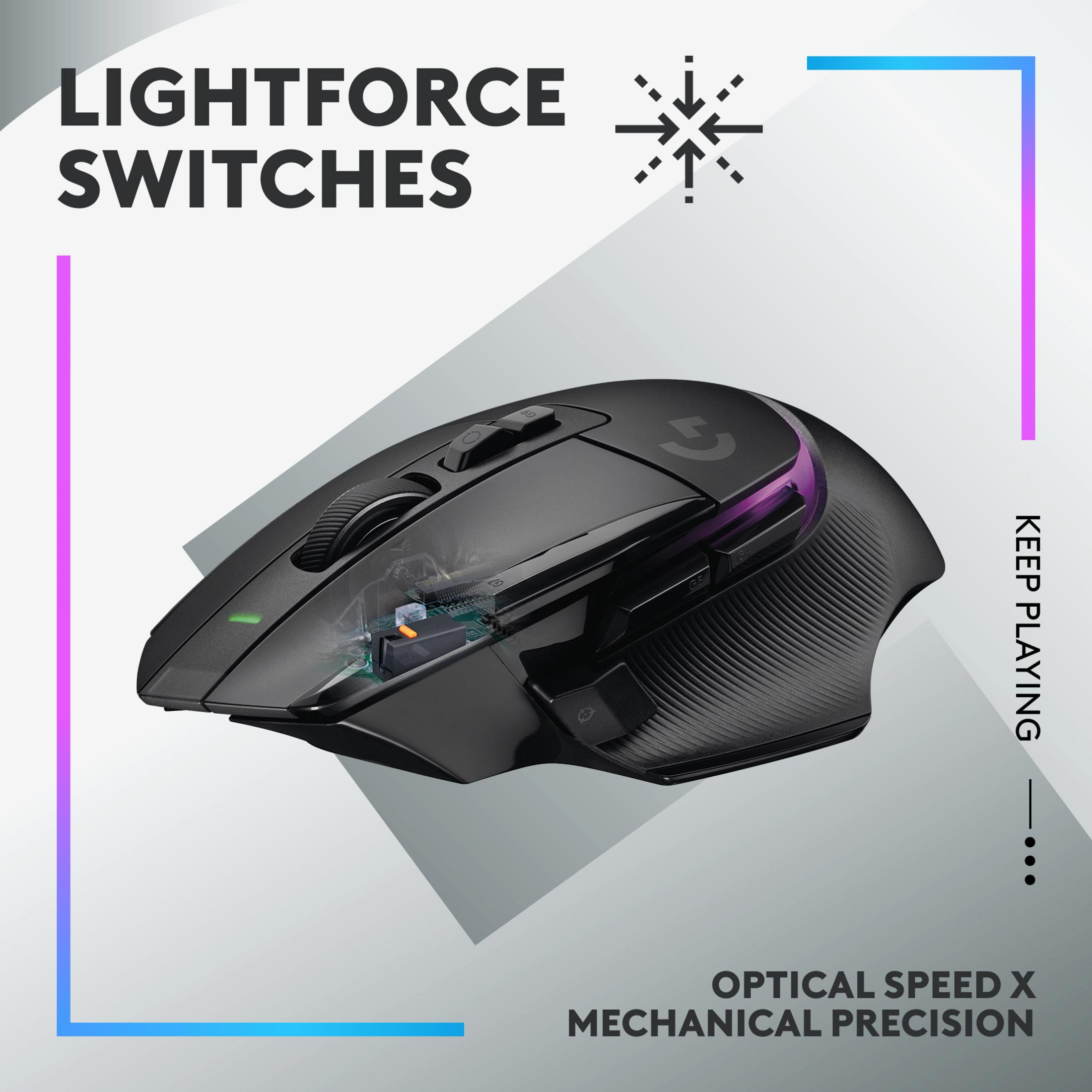 Black gaming mouse with illuminated accents and visible internal components.