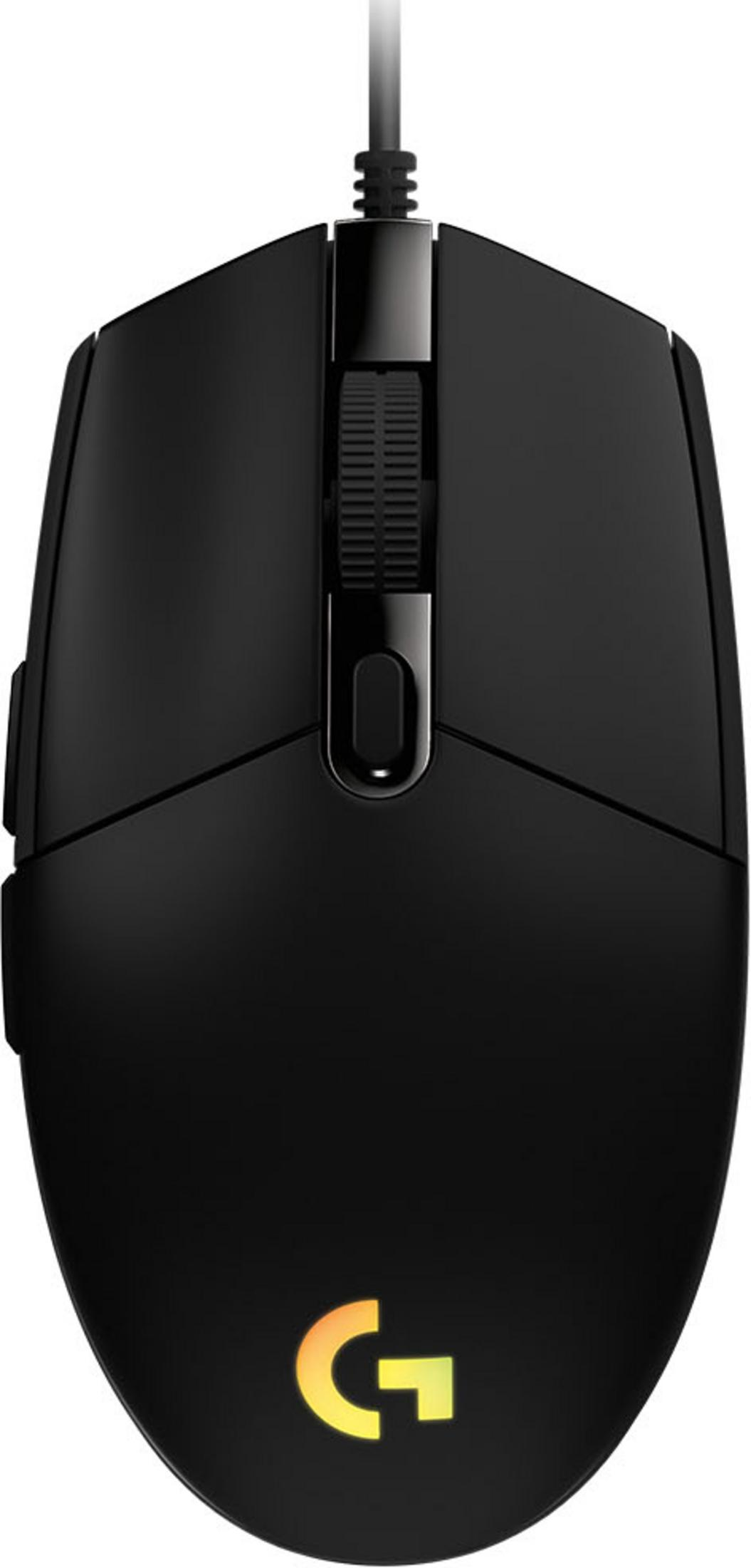 Black wired Logitech gaming mouse with glowing yellow G logo.