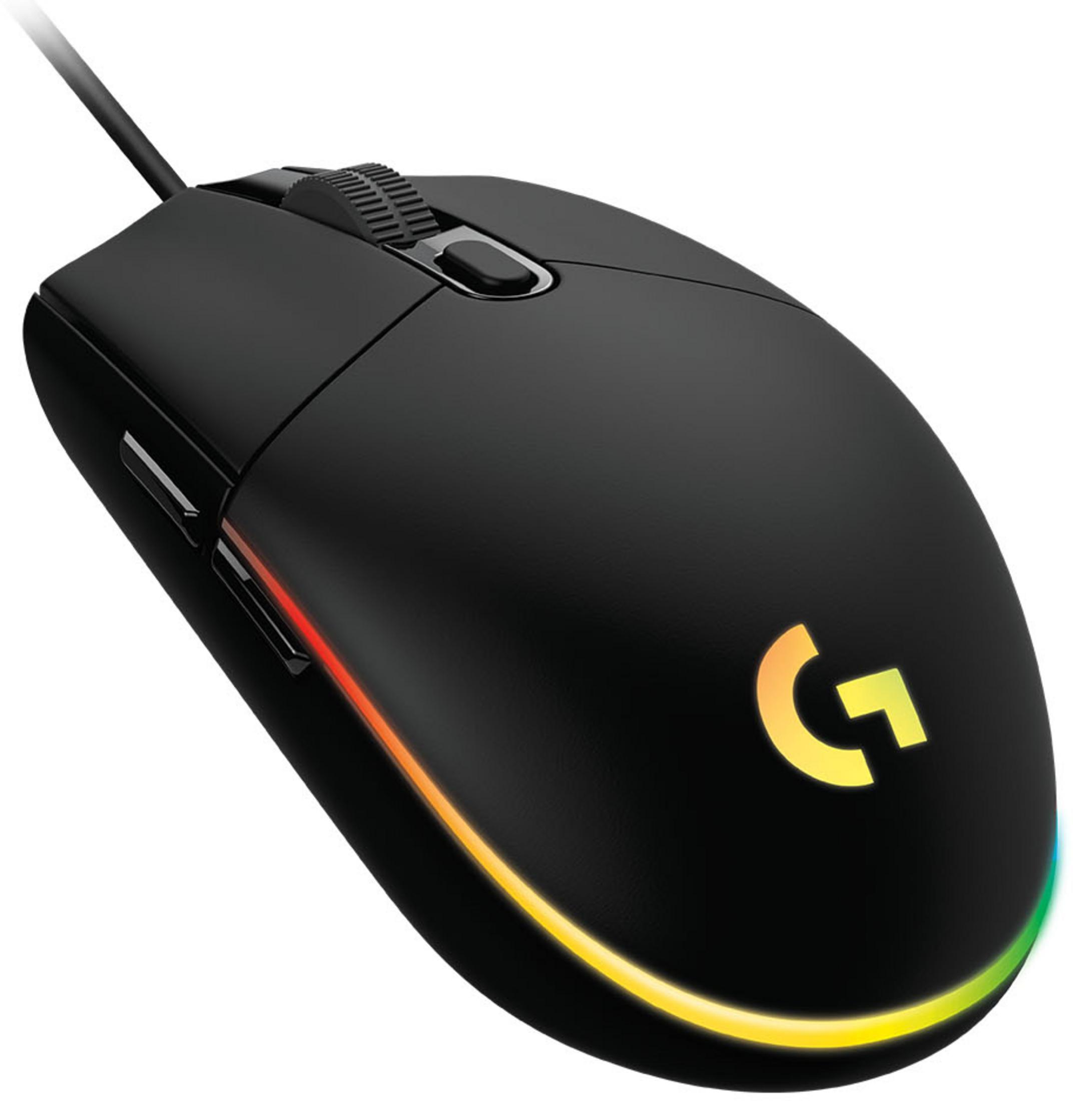 Black gaming mouse with illuminated Logitech logo and RGB strip.
