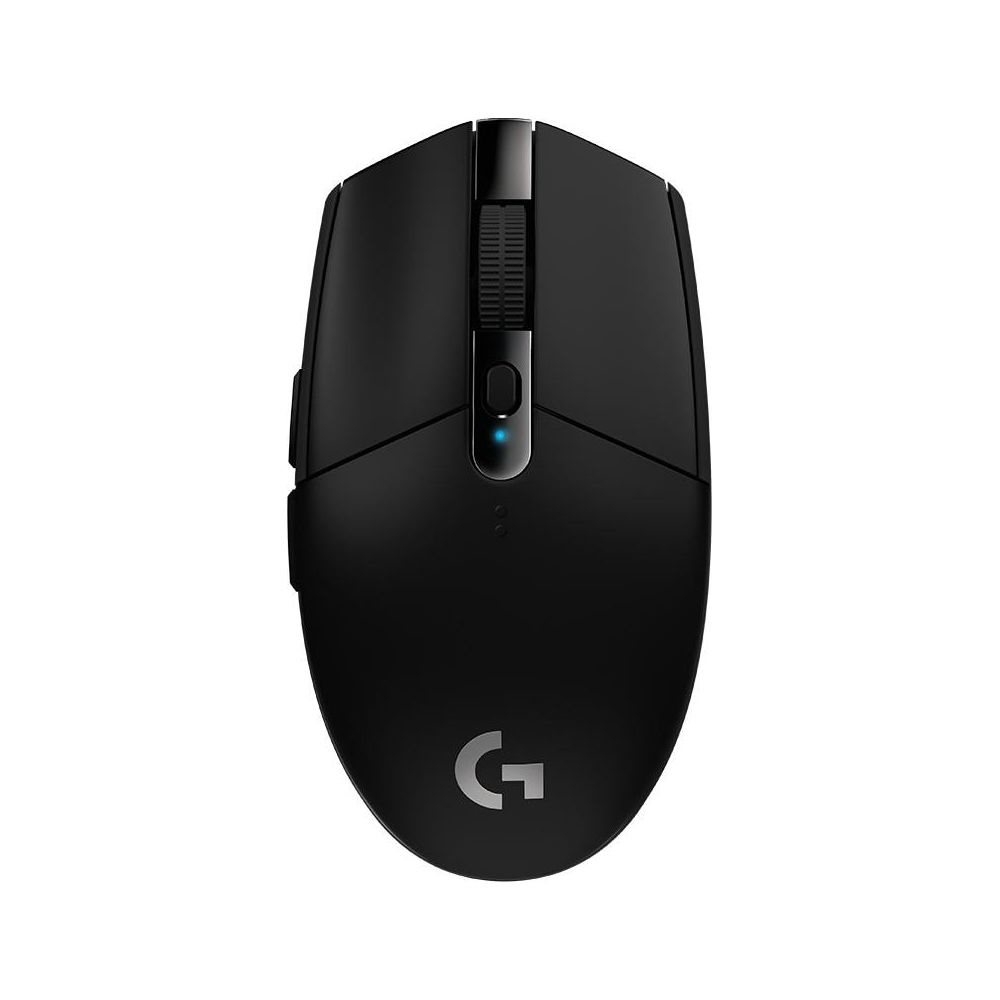 Czarna bezprzewodowa mysz gamingowa z kółkiem i podświetlanym logo.