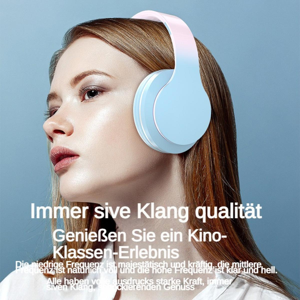 Eine Frau mit Kopfhörern, blauer und rosa Farbverlauf.