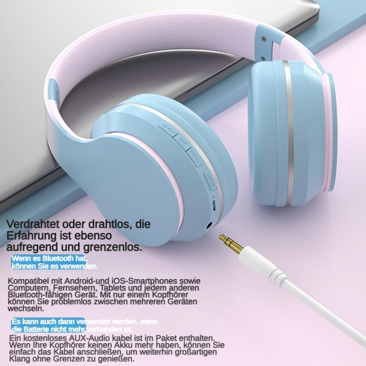 Hellblaue und rosafarbene Kopfhörer mit AUX-Kabel und Bedienelementen.