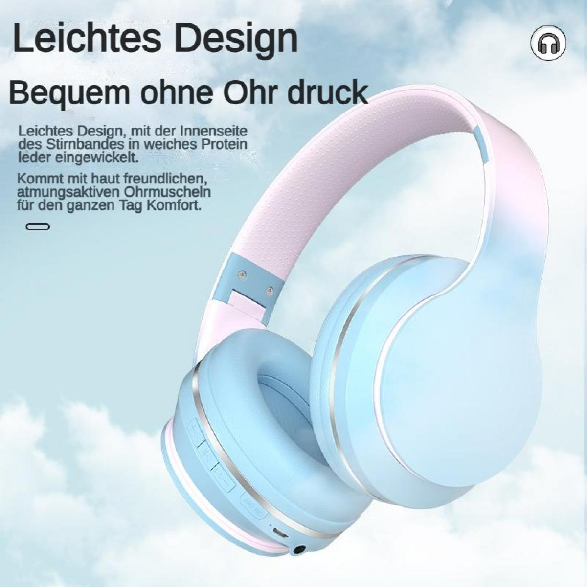 Blaue und rosafarbene Kopfhörer mit leichtem Design, auf blauem Himmelshintergrund.