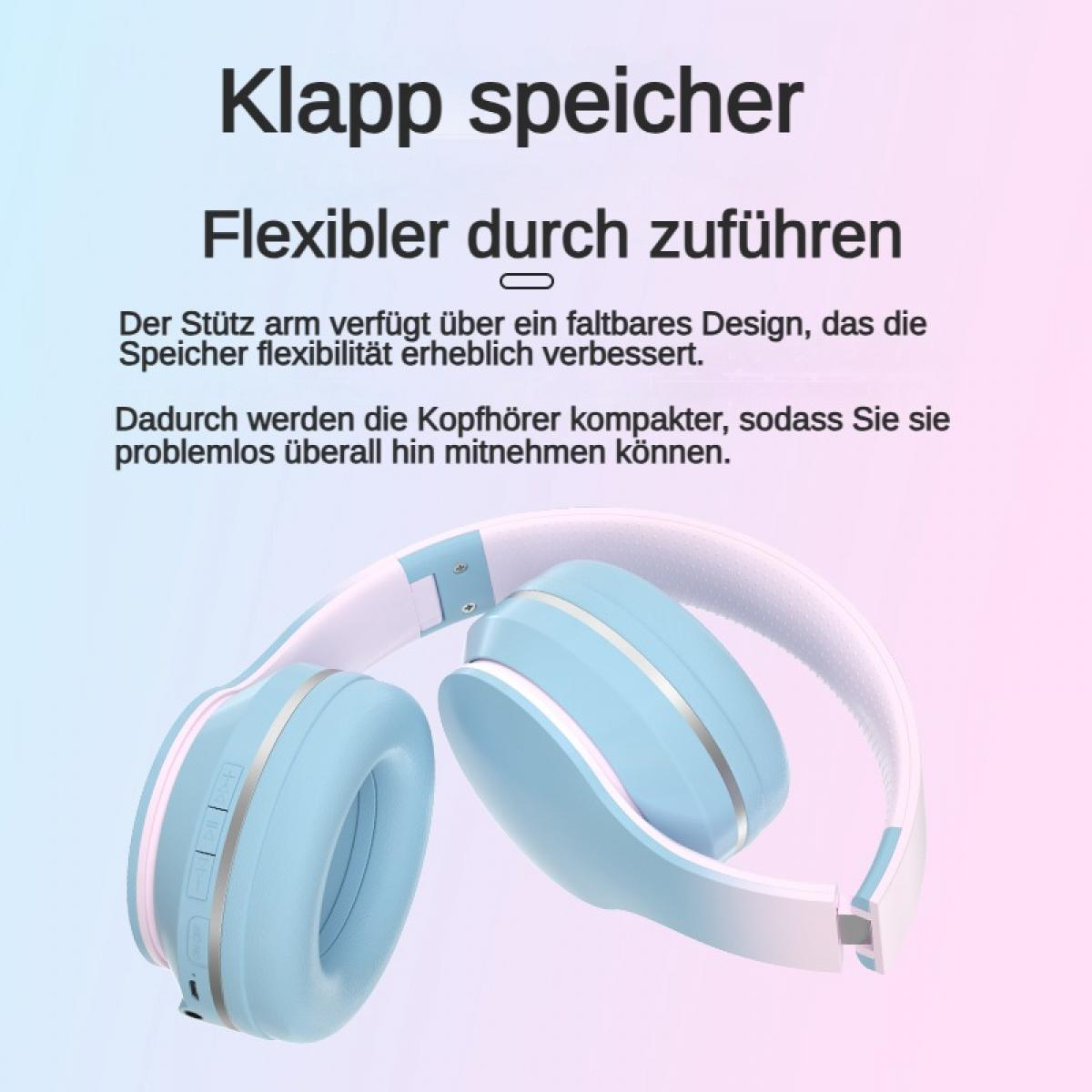Hellblaue faltbare Kopfhörer mit weißem Bügel auf hellem Hintergrund.