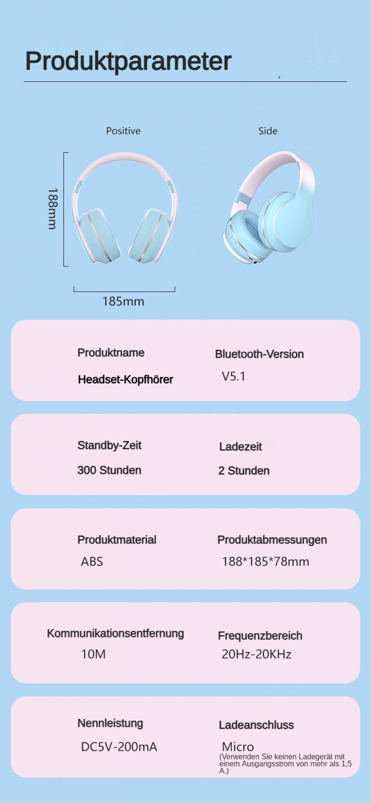Blau-rosa Kopfhörer mit Produktparametern: 188x185x78mm, 300h Standby.