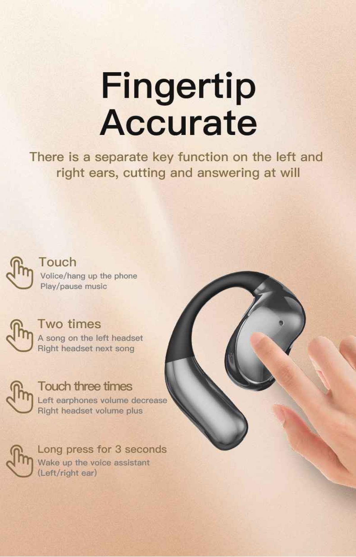 Ein Finger tippt auf ein graues Headset, das die Funktionen zeigt.