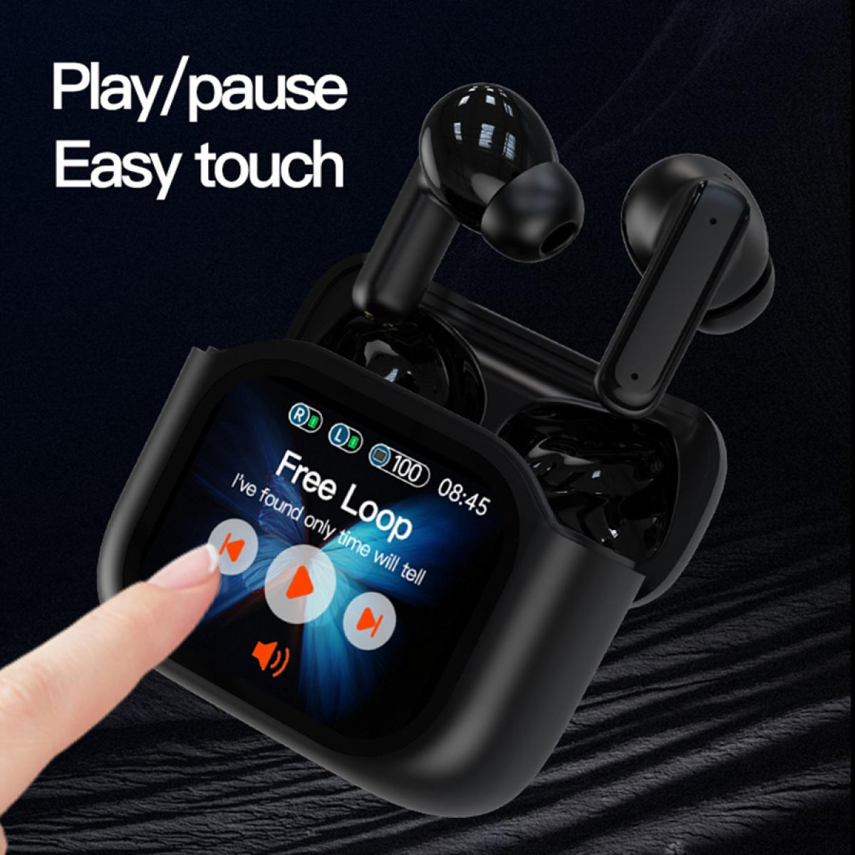 Schwarze Ohrhörer mit Ladecase und Touchscreen, der die Wiedergabe steuert.