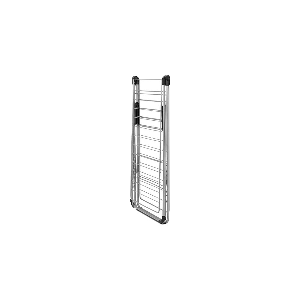 A folded silver clothes drying rack with black handles.
