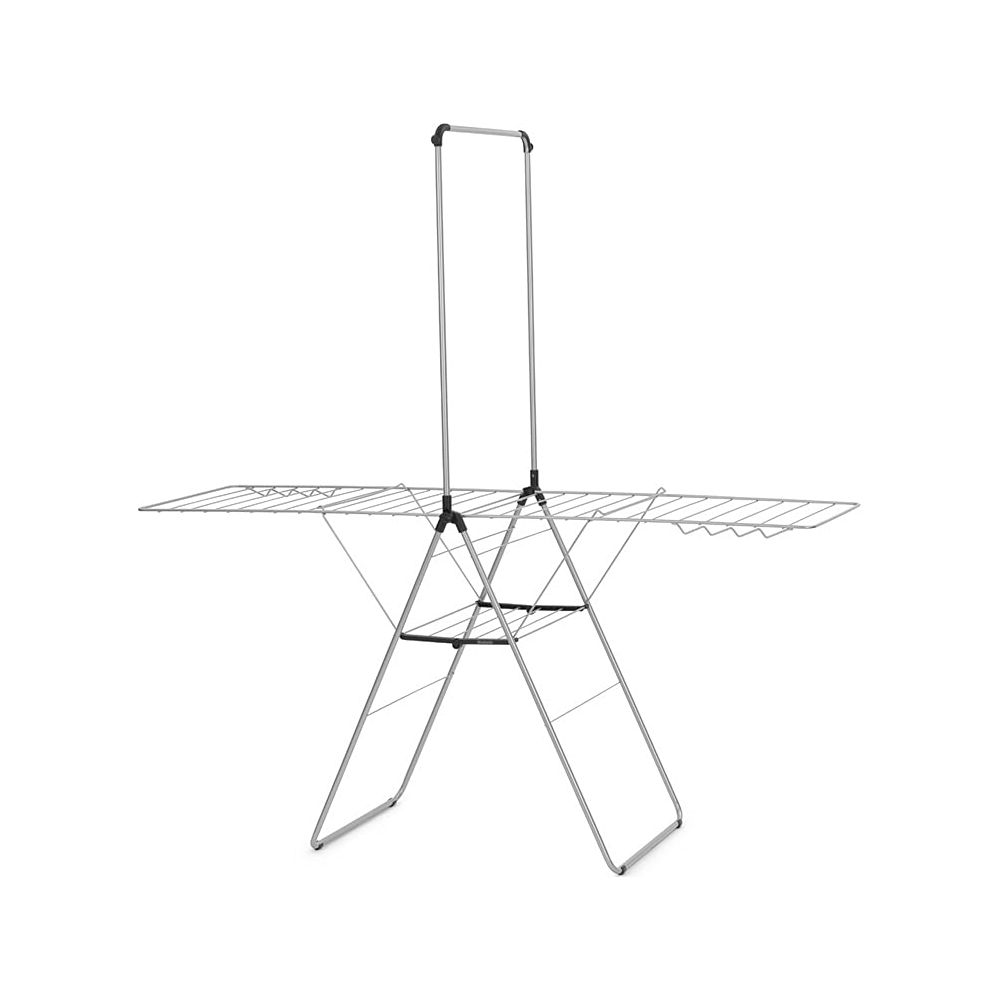 A silver folding drying rack with wings and a central vertical tower.