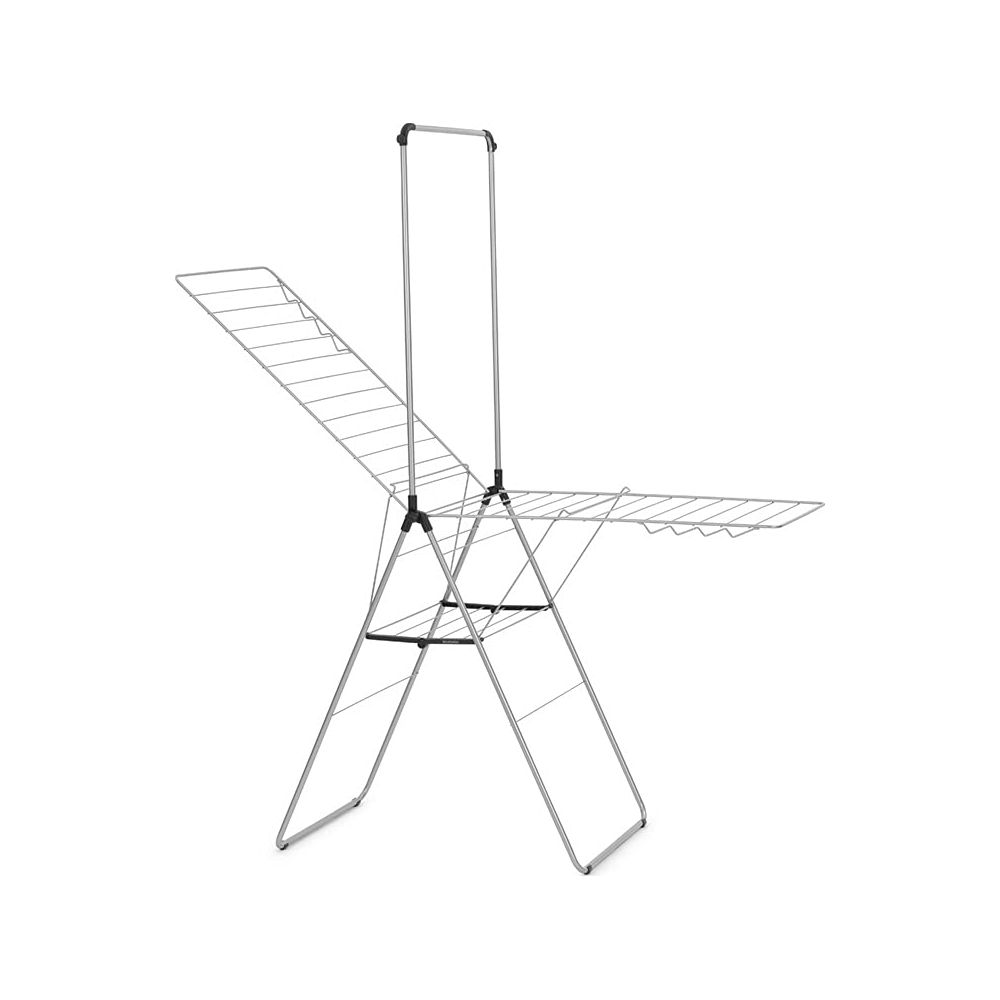 A silver clothes drying rack with foldable wings and a vertical pole.