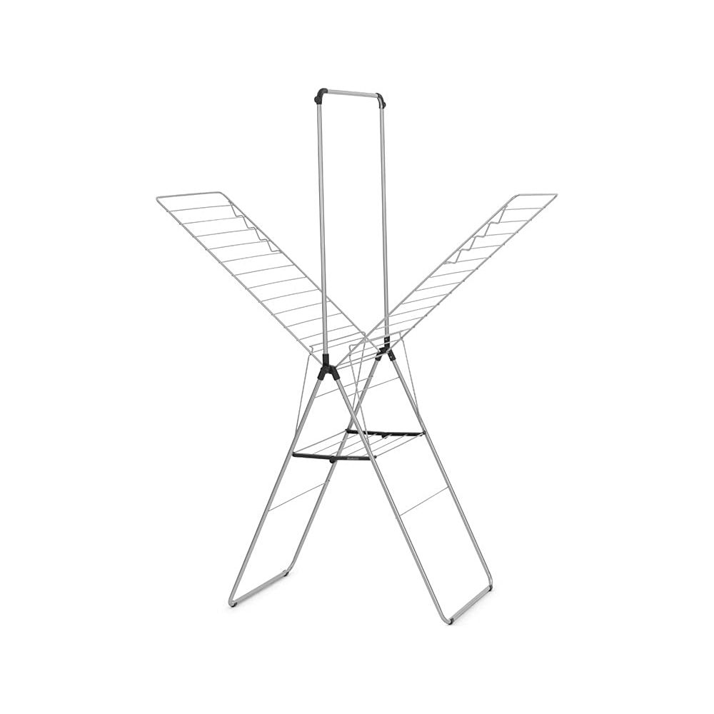 A foldable metal drying rack with multiple levels.