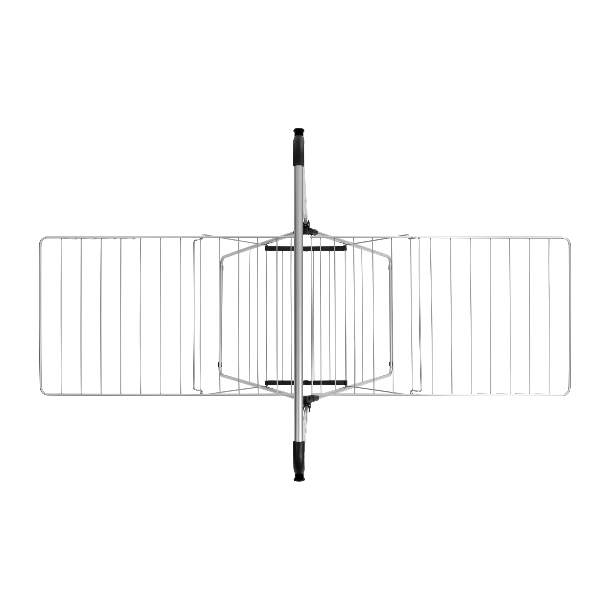 A silver clothes drying rack with foldable wings on a white background.