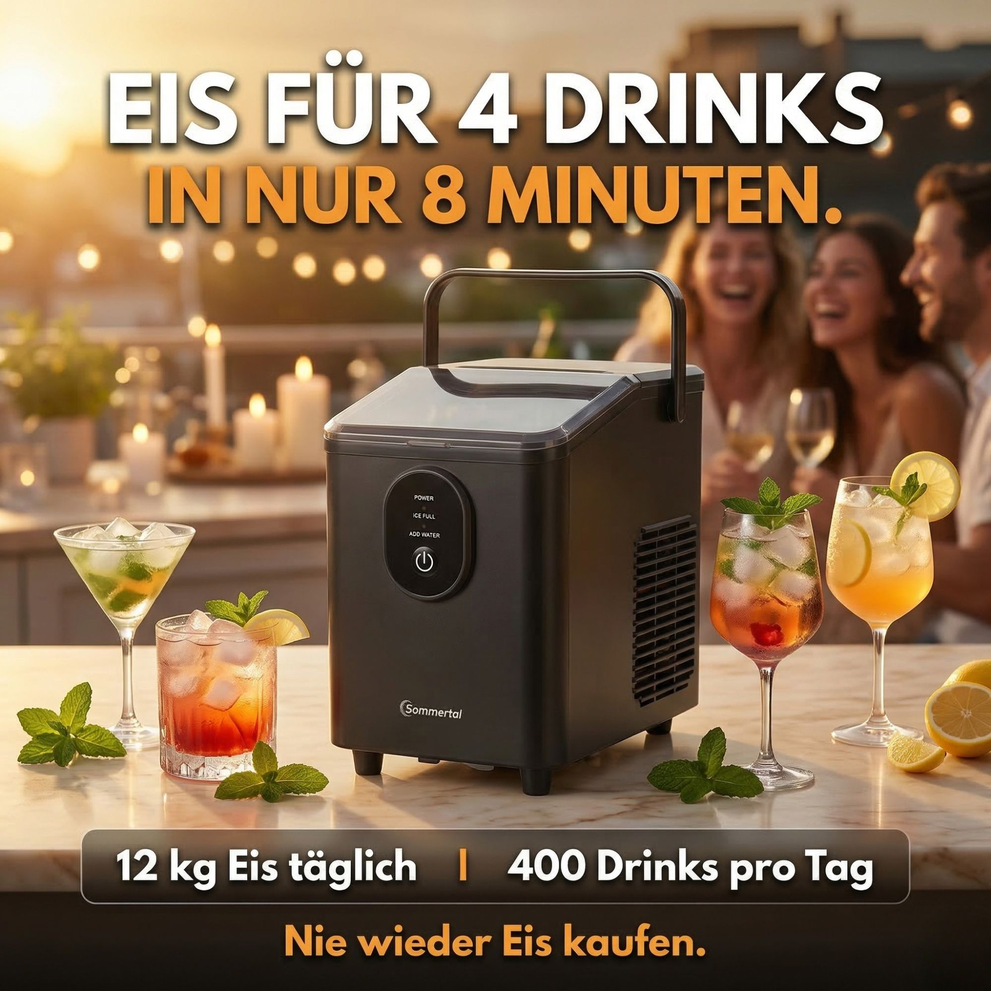 Eismaschine mit 3 Cocktails und lachenden Menschen im Hintergrund. Eis für 4 Drinks.