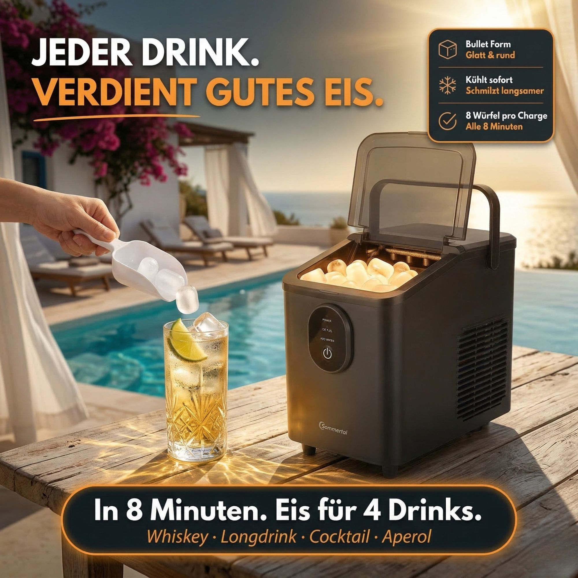 Eiswürfelmaschine am Pool. Eis wird in ein Getränk gefüllt.
