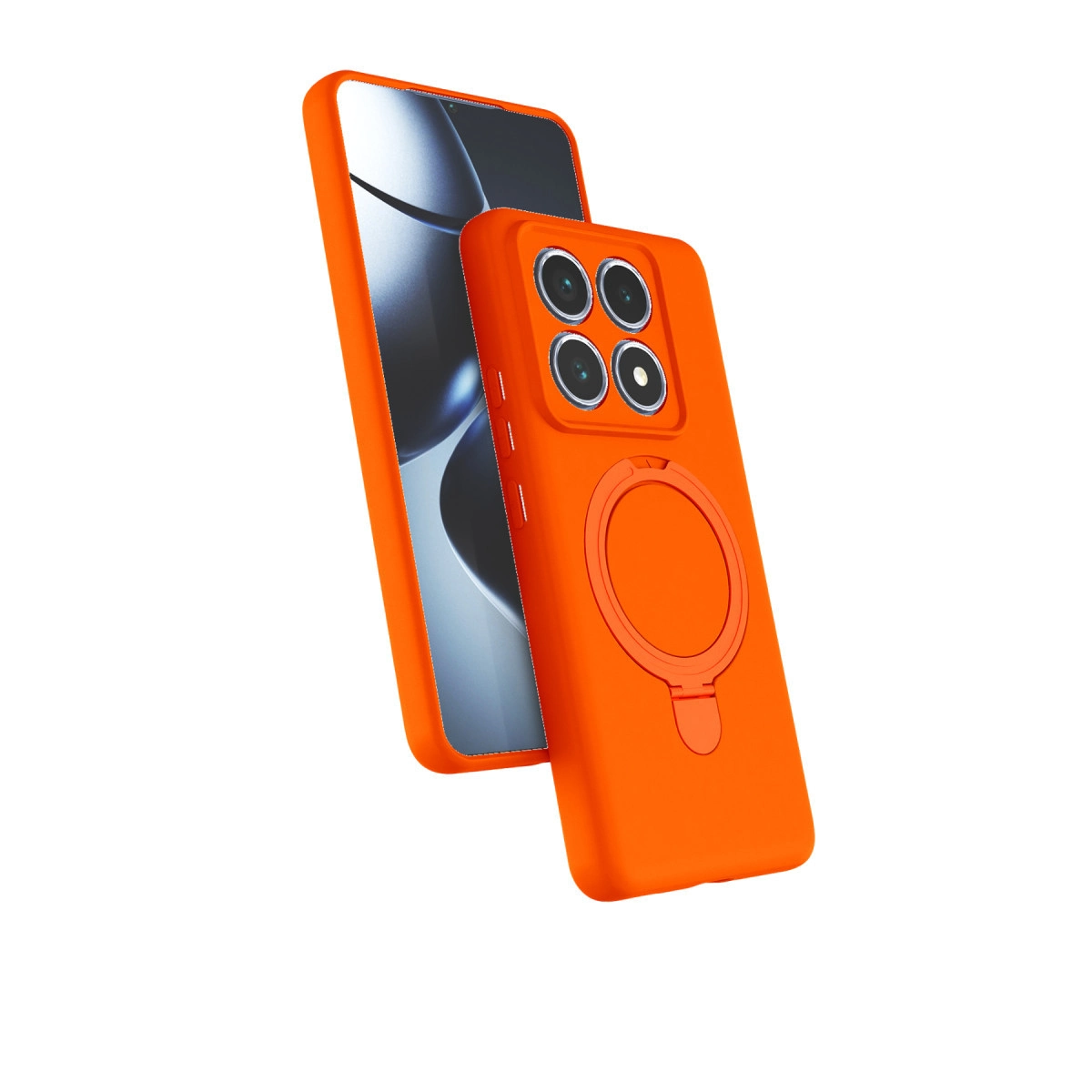 Telefonda kamera kesimli ve halka stantlı turuncu telefon kılıfı.