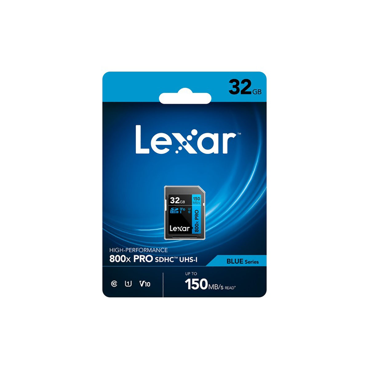 Confezione scheda memoria Lexar 32GB 800x PRO SDHC UHS-I. Design blu e bianco.