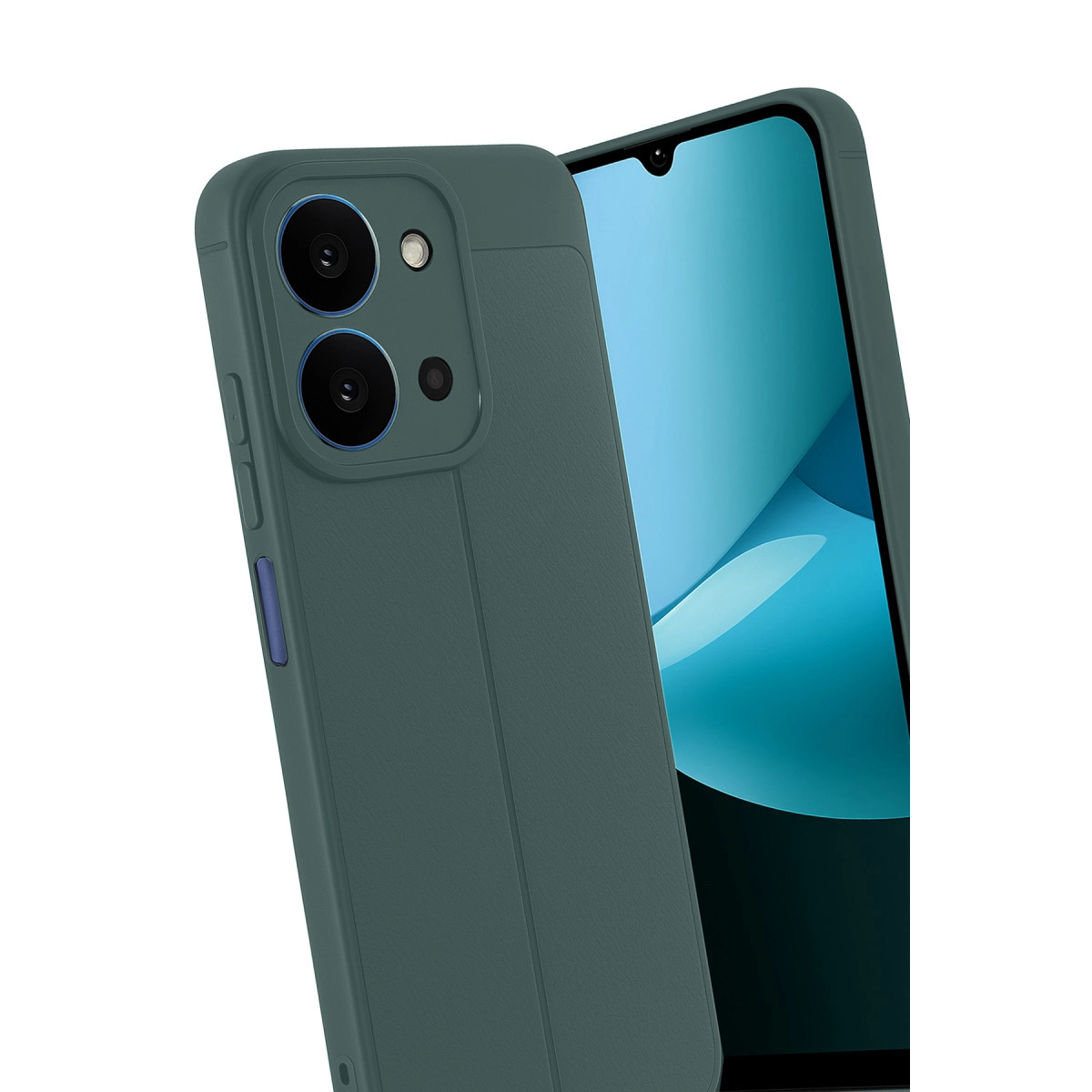 İki kamera lensli koyu yeşil telefon kılıfı, yanında mavi ekranlı bir akıllı telefon.