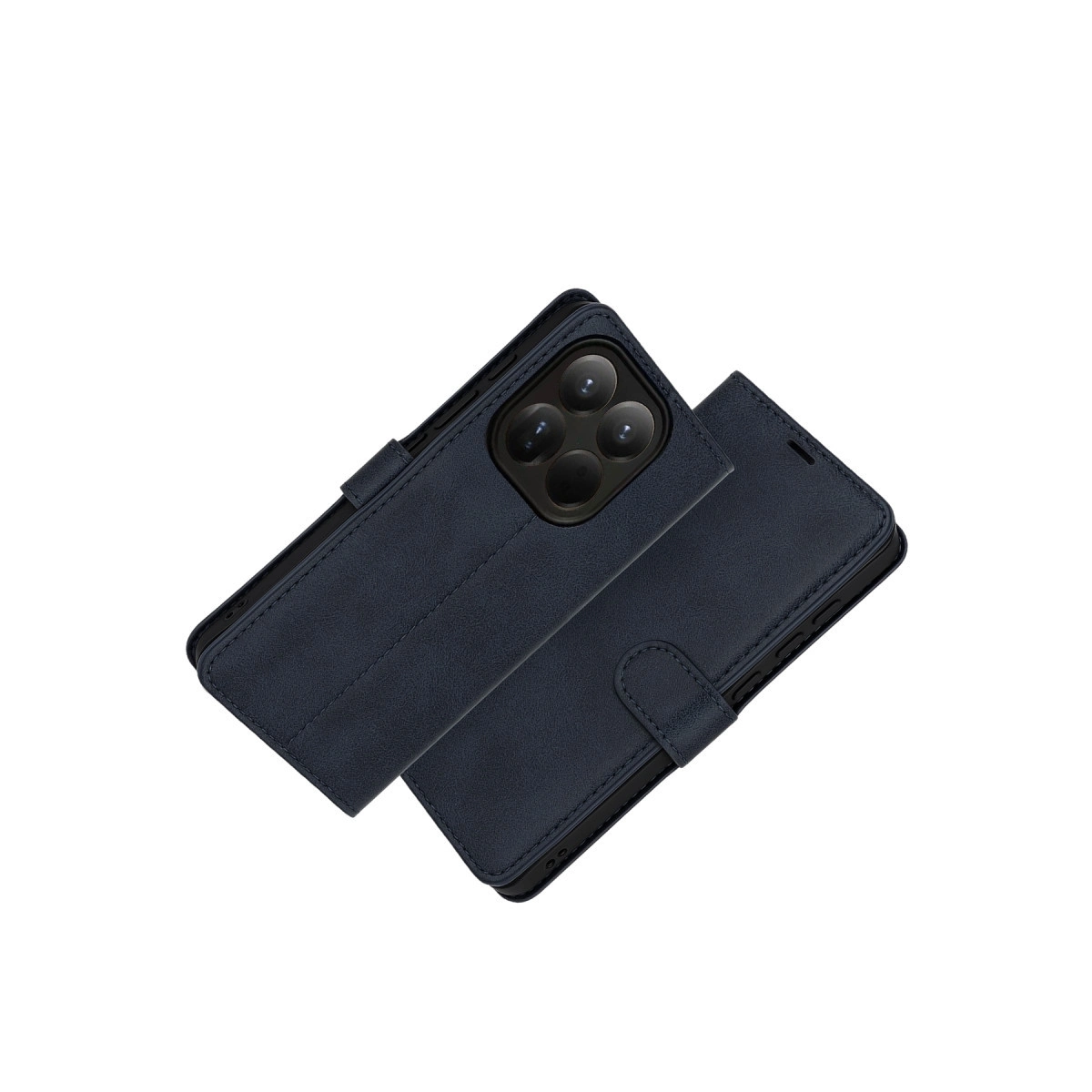Üç kamera lensli lacivert deri telefon kılıfı.