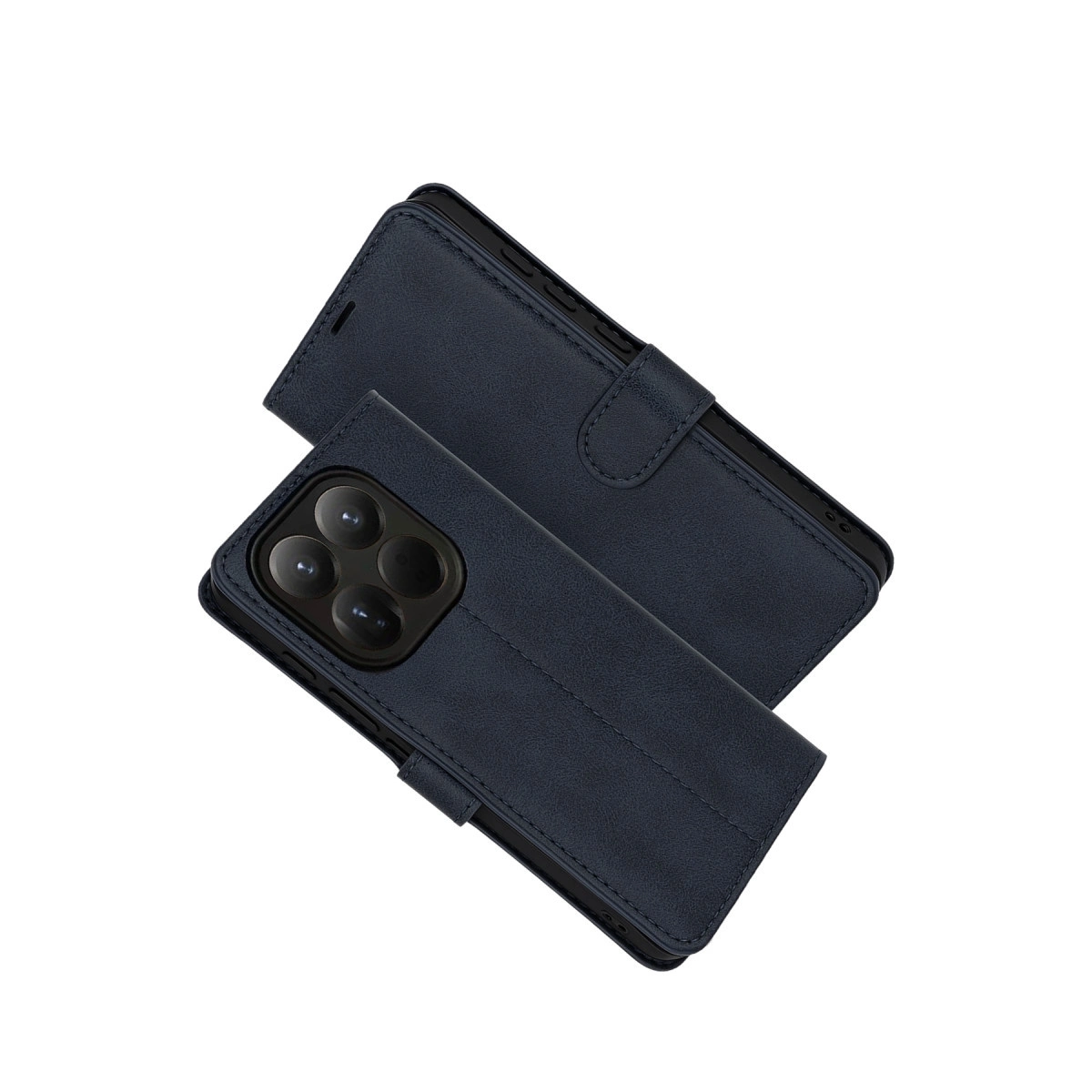 Kamera kesimli lacivert kapaklı telefon kılıfı.