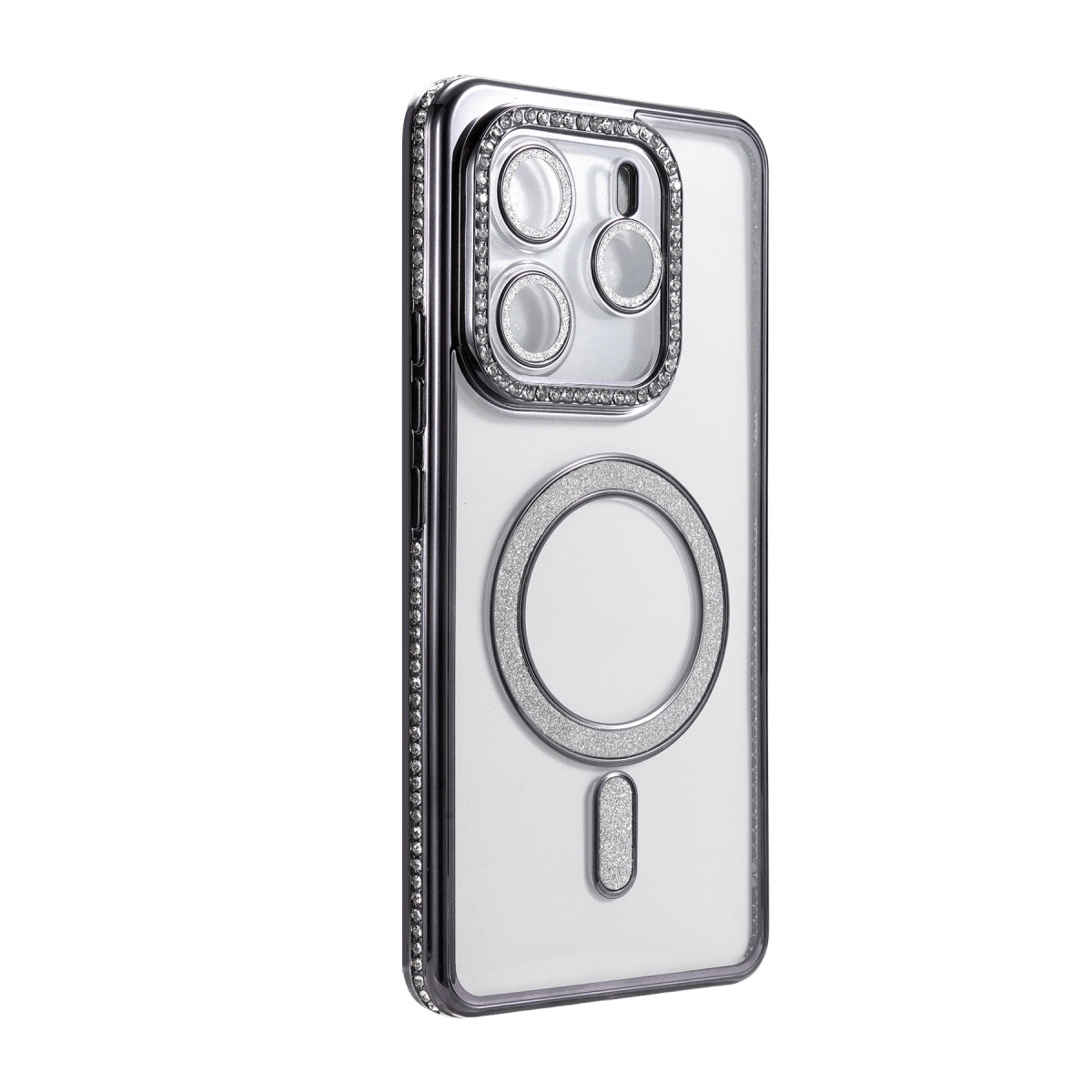Parlak halkalı ve kamera lens süslemeli şeffaf telefon kılıfı.