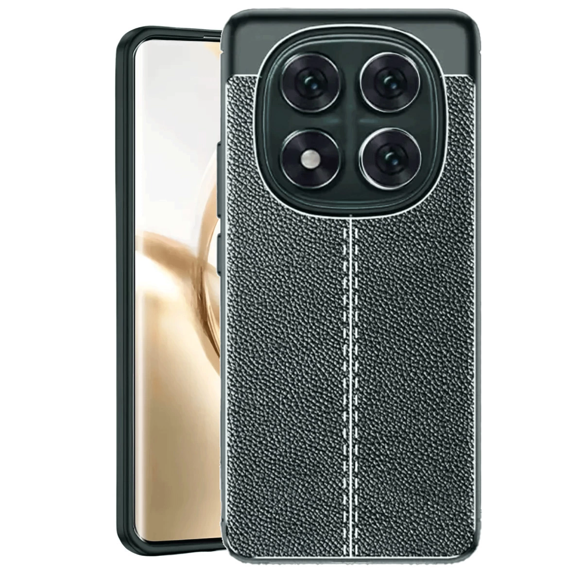 Dört kameralı, dokulu arka yüzeye sahip siyah telefon kılıfı.