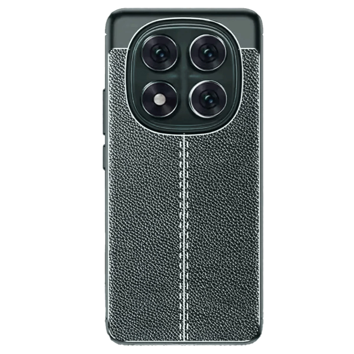 Dört kameralı, dikişli koyu gri dokulu telefon kılıfının arkası.