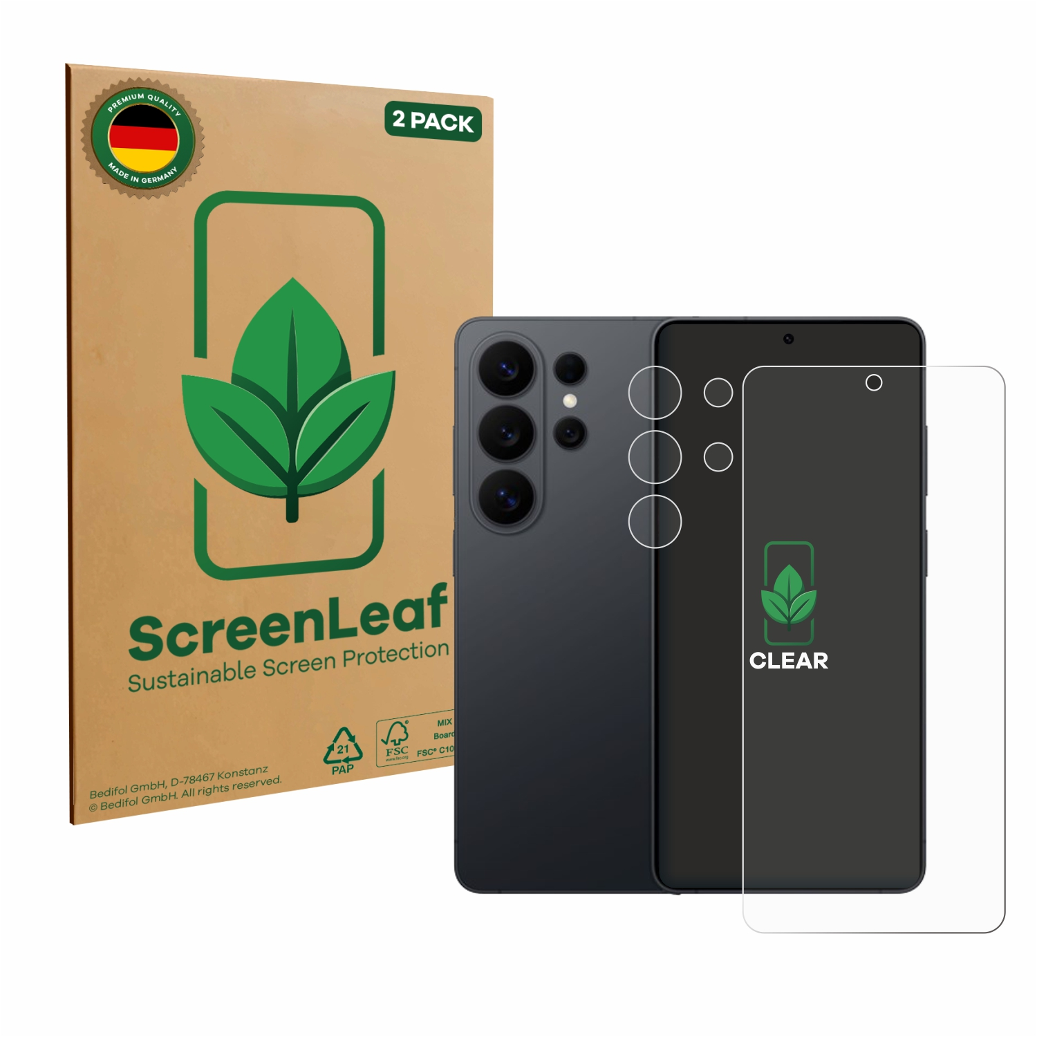 Verpackung für 2 ScreenLeaf Displayschutzfolien mit einem Smartphone und einer Folie.