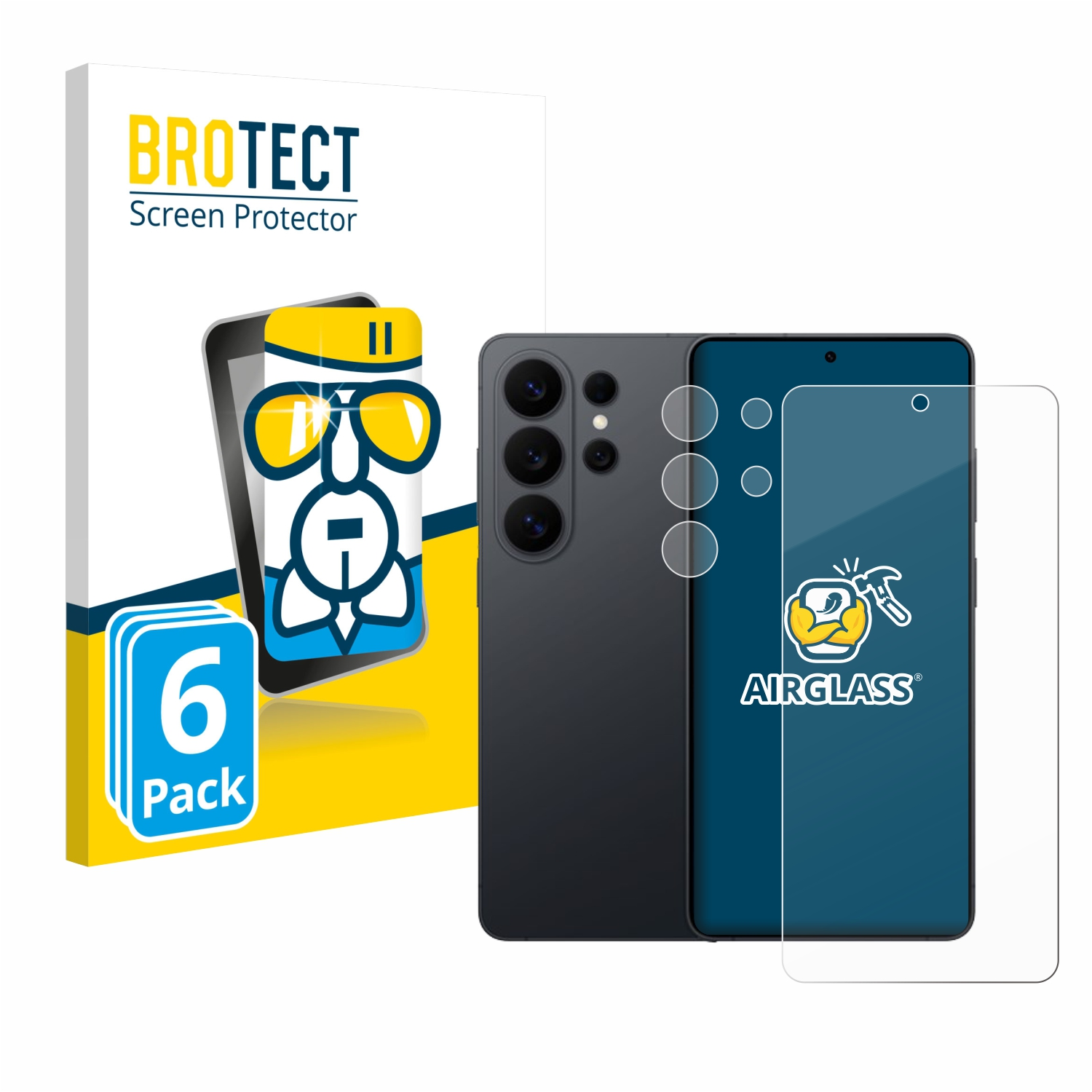 Verpackung für BROTECT Displayschutzfolie mit 6 Stück, daneben ein Smartphone mit Kameras und einer Schutzfolie.